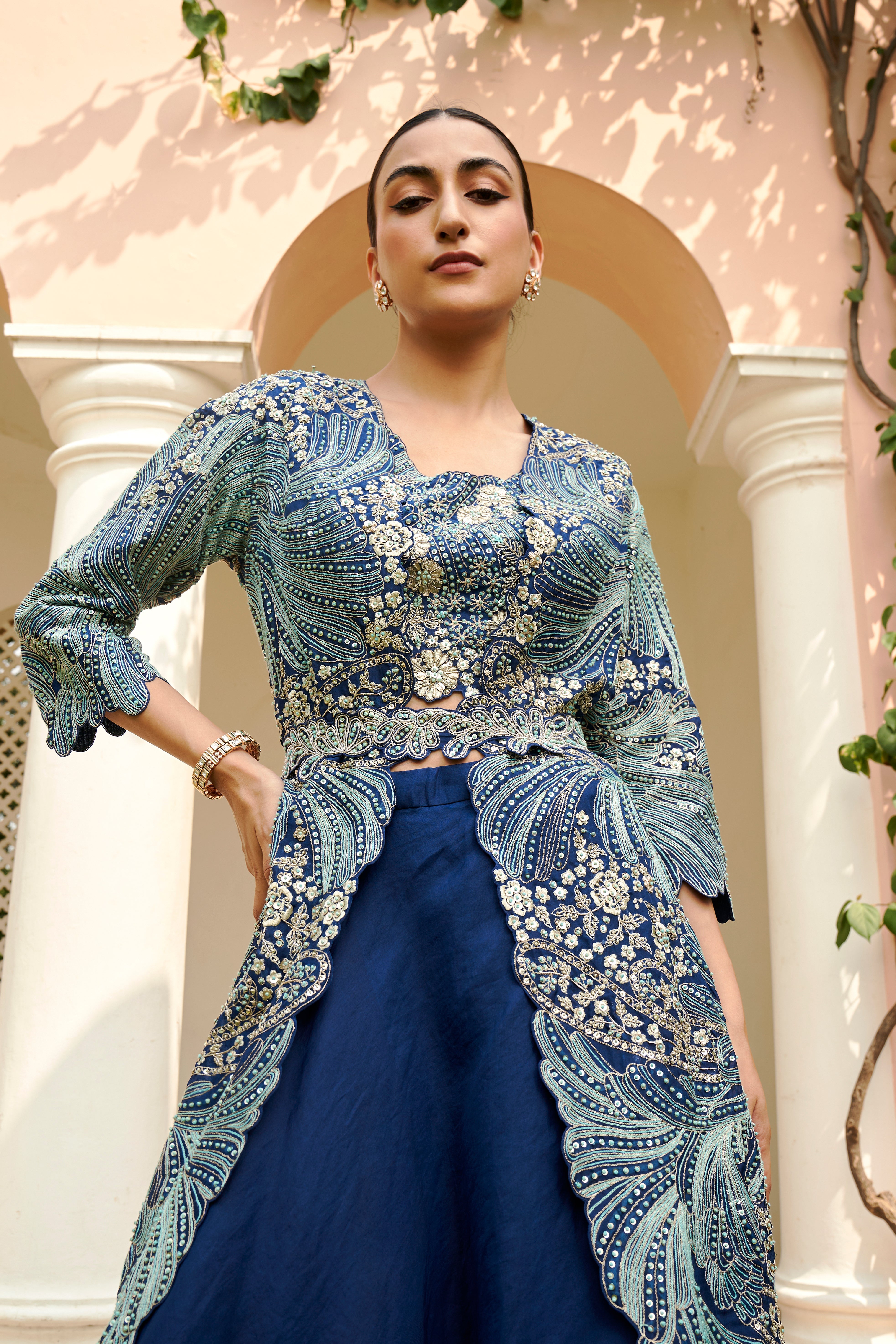 Jade Blue Embroidered Jacket Set