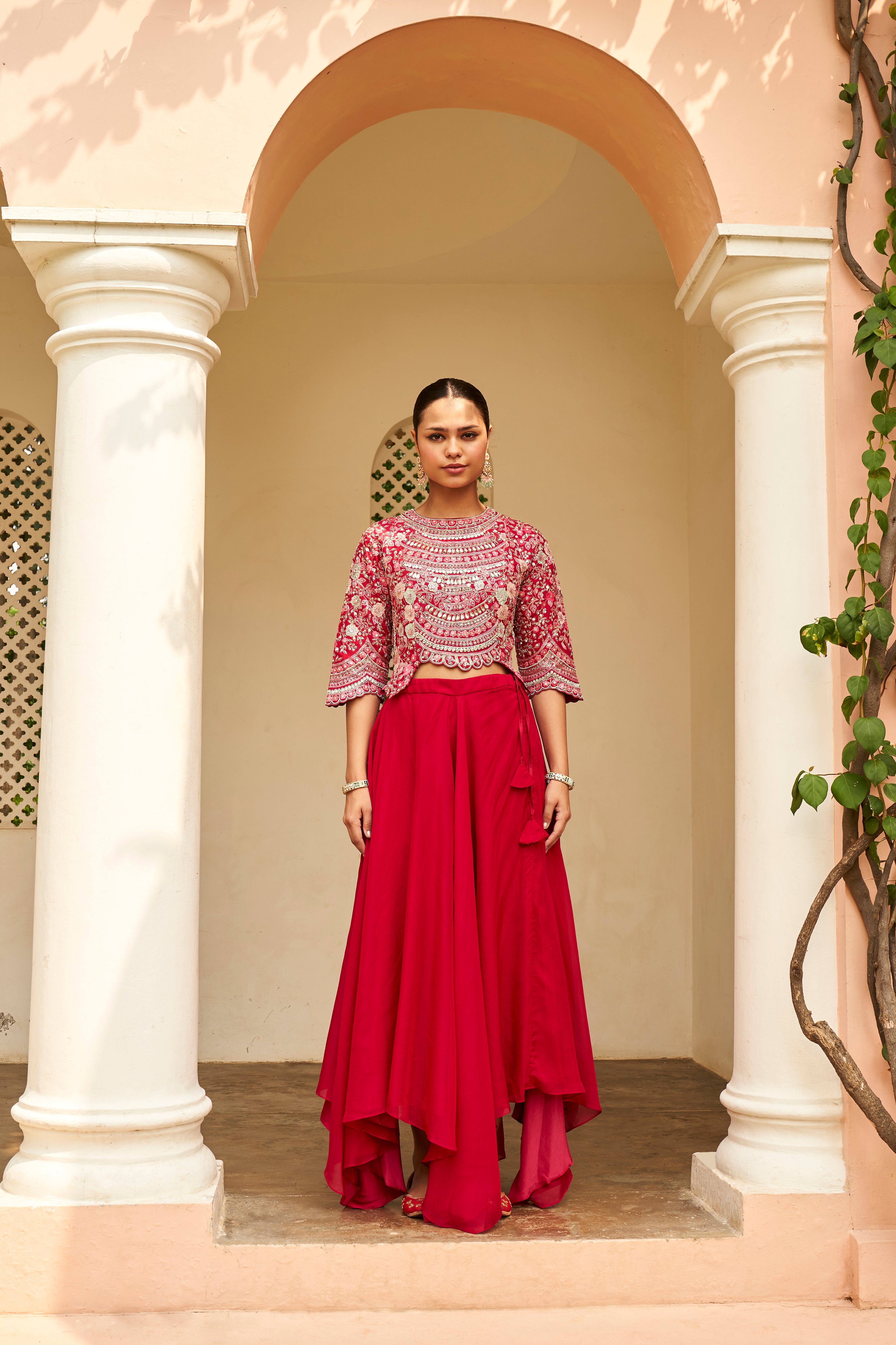 Carmine Red Embroidered Top & Skirt