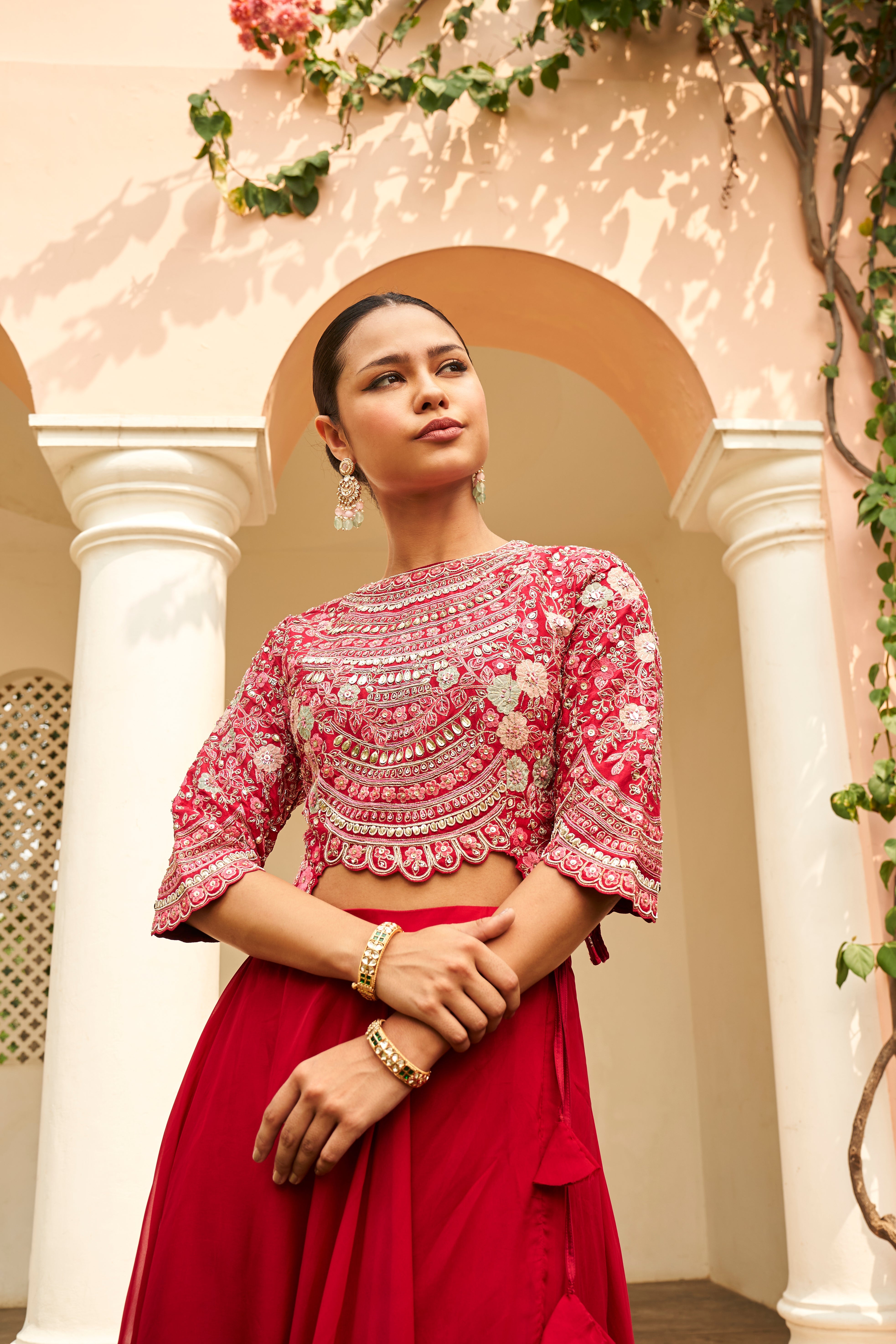 Carmine Red Embroidered Top & Skirt