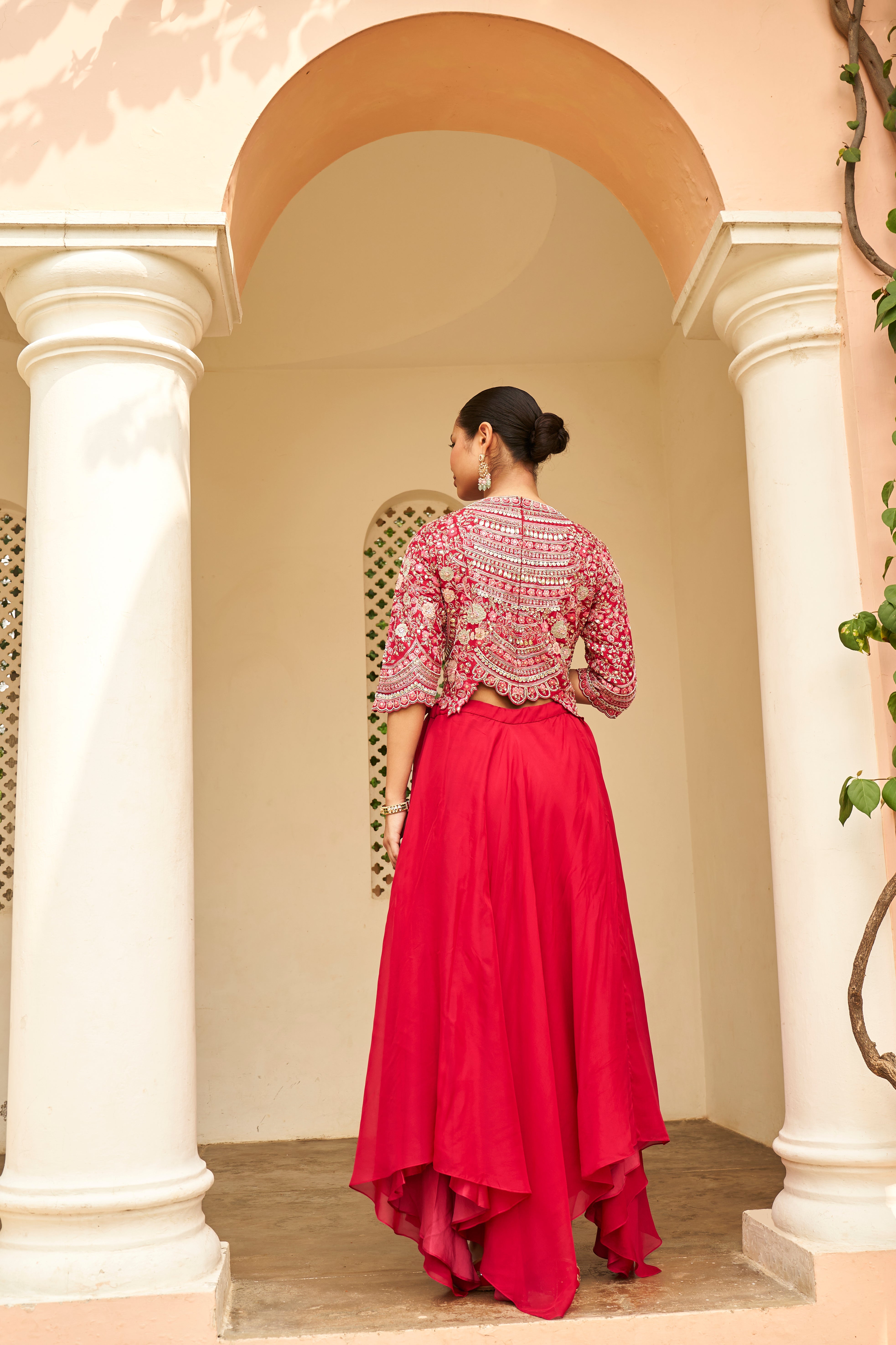 Carmine Red Embroidered Top & Skirt