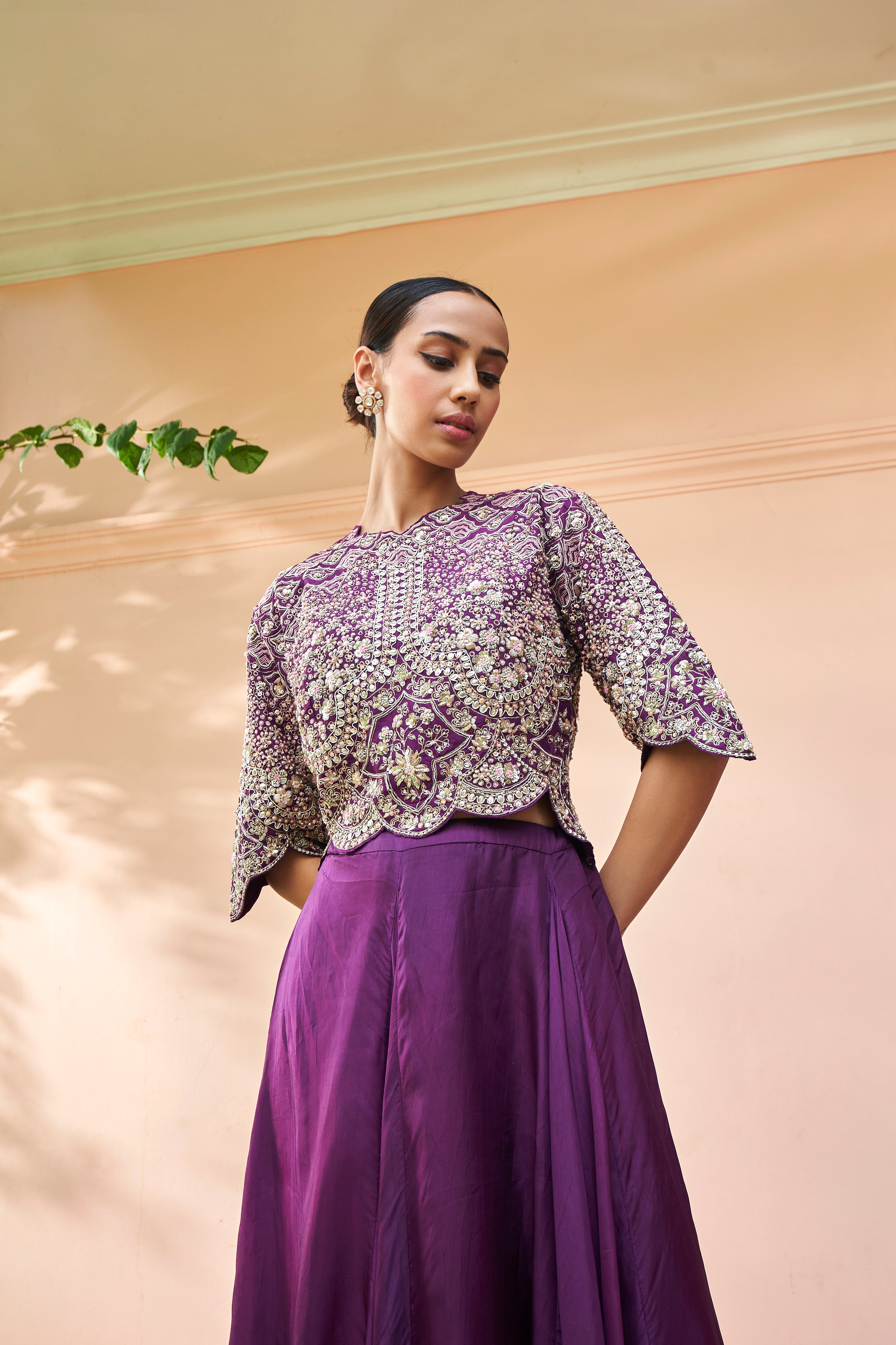 Aubergine Embroidered Top & Skirt