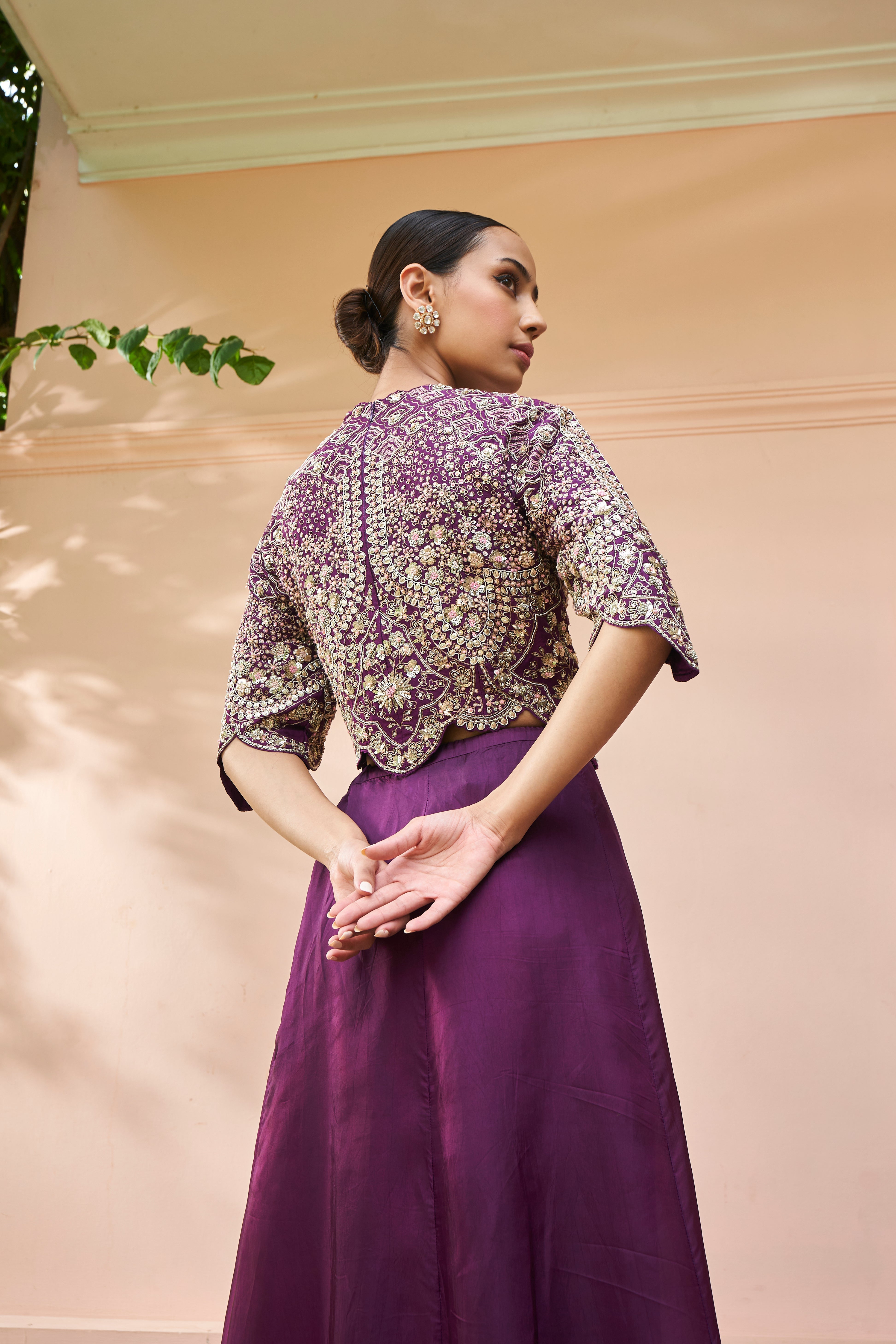 Aubergine Embroidered Top & Skirt