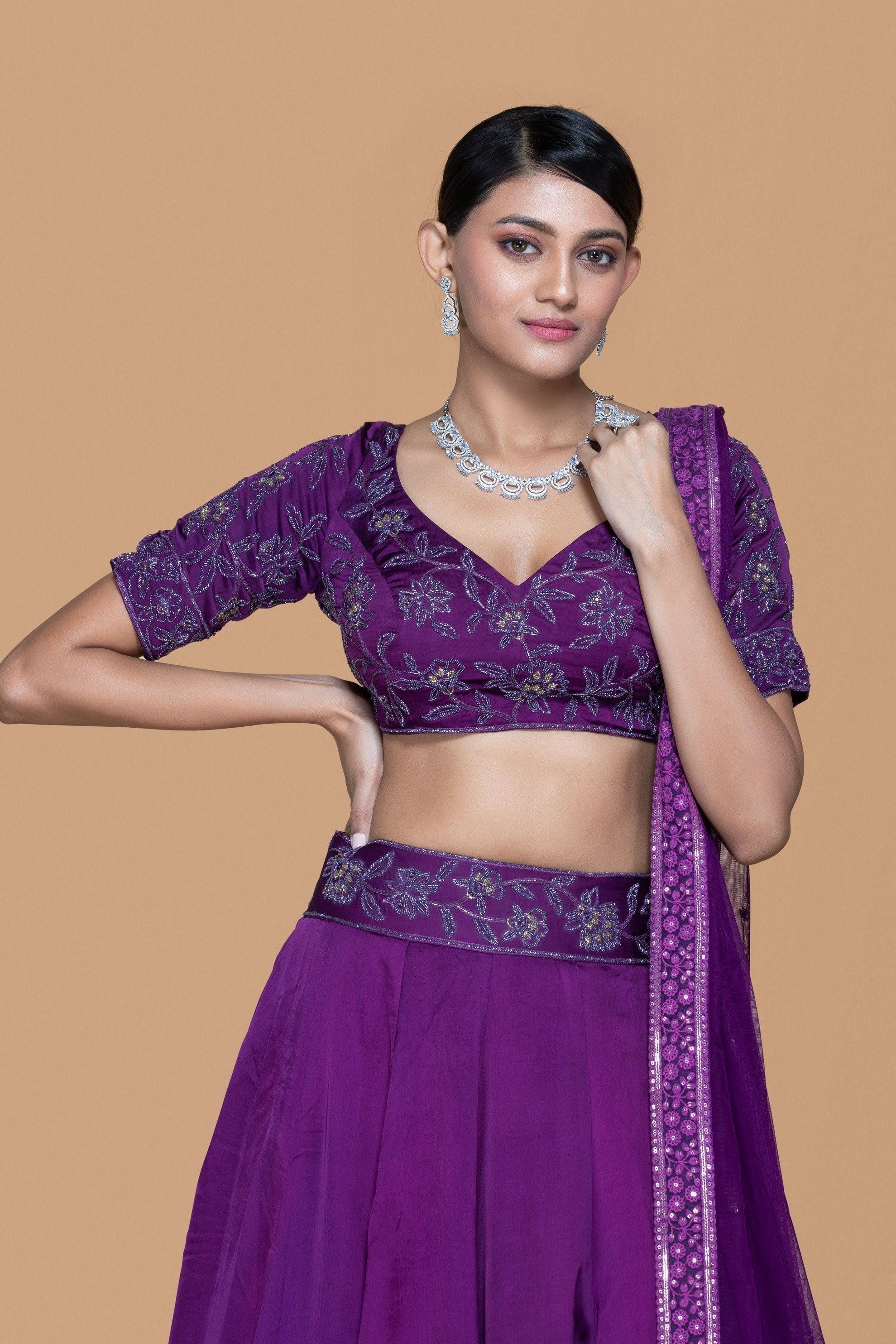 Purple Hand Embroidered Lehenga Set