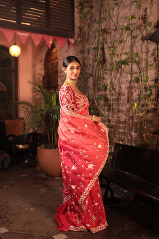 RED HEAVILY EMBROIDERD SAREE