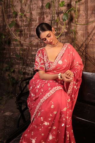 RED HEAVILY EMBROIDERD SAREE