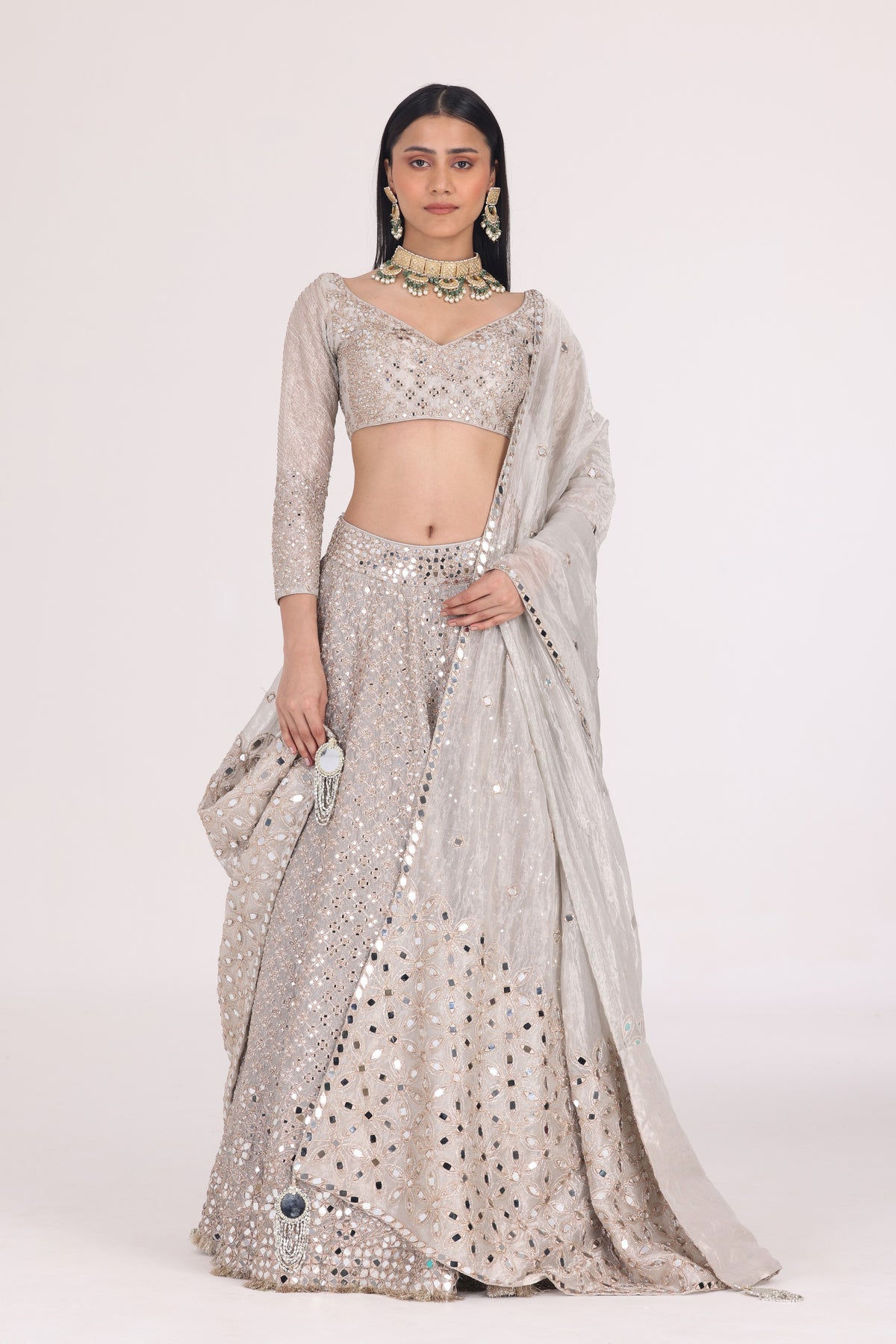 SILVER TISSUE PATTERN EMBELLISHED LEHENGA SET