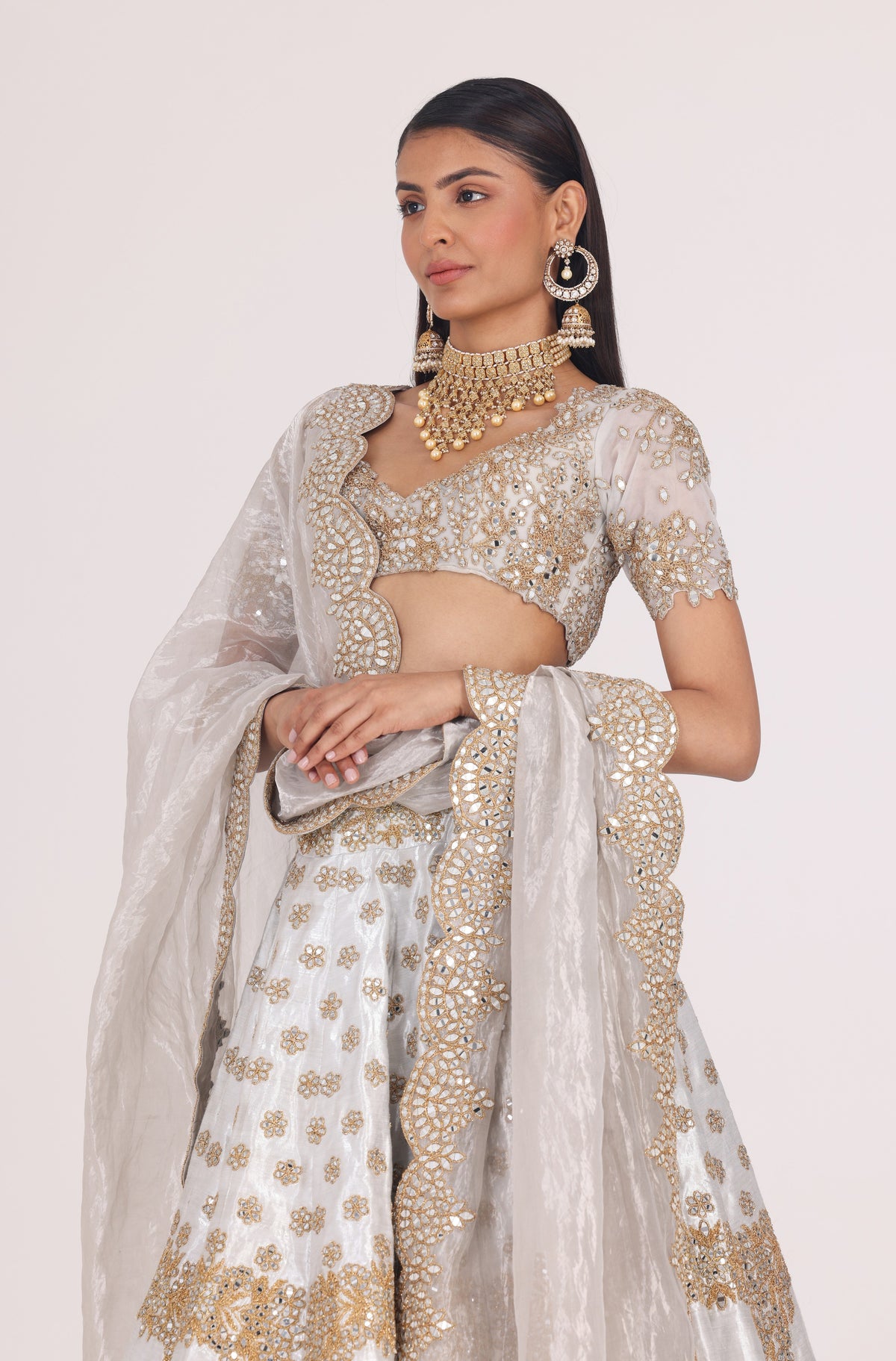 SILVER BROCADE GOLDEN EMBELLISHED LEHENGA SET