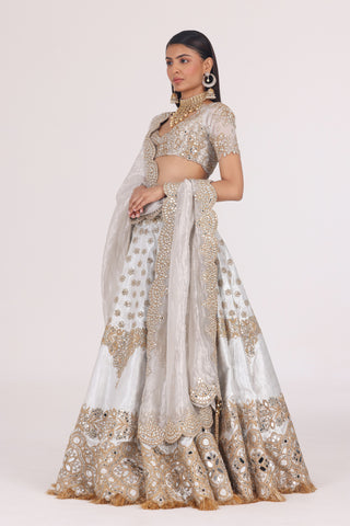 SILVER BROCADE GOLDEN EMBELLISHED LEHENGA SET