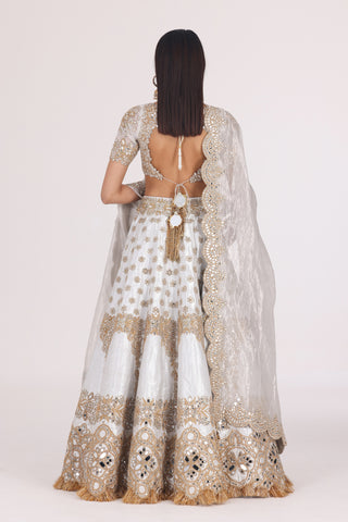 SILVER BROCADE GOLDEN EMBELLISHED LEHENGA SET