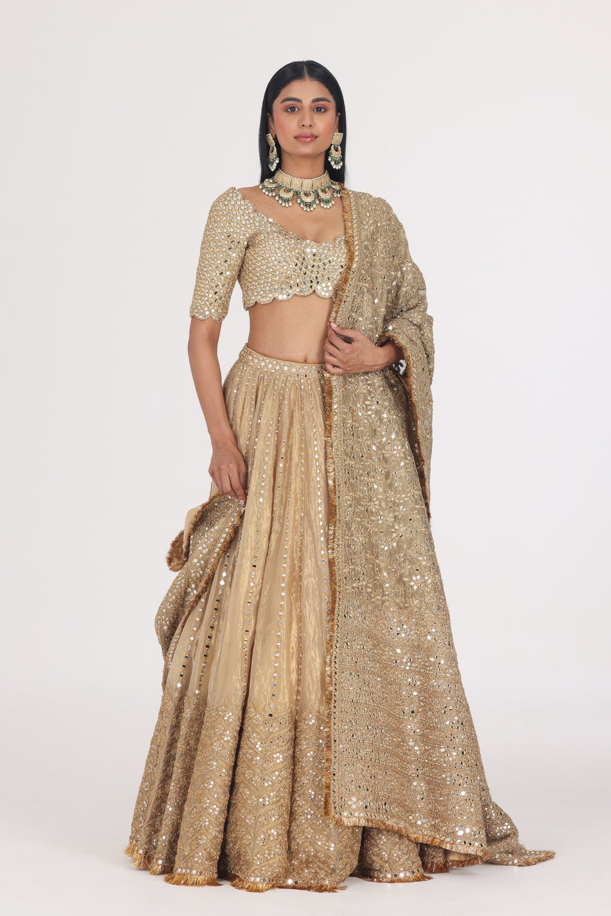 MIRROR EMBELLISHED TISSUE LEHENGA SET