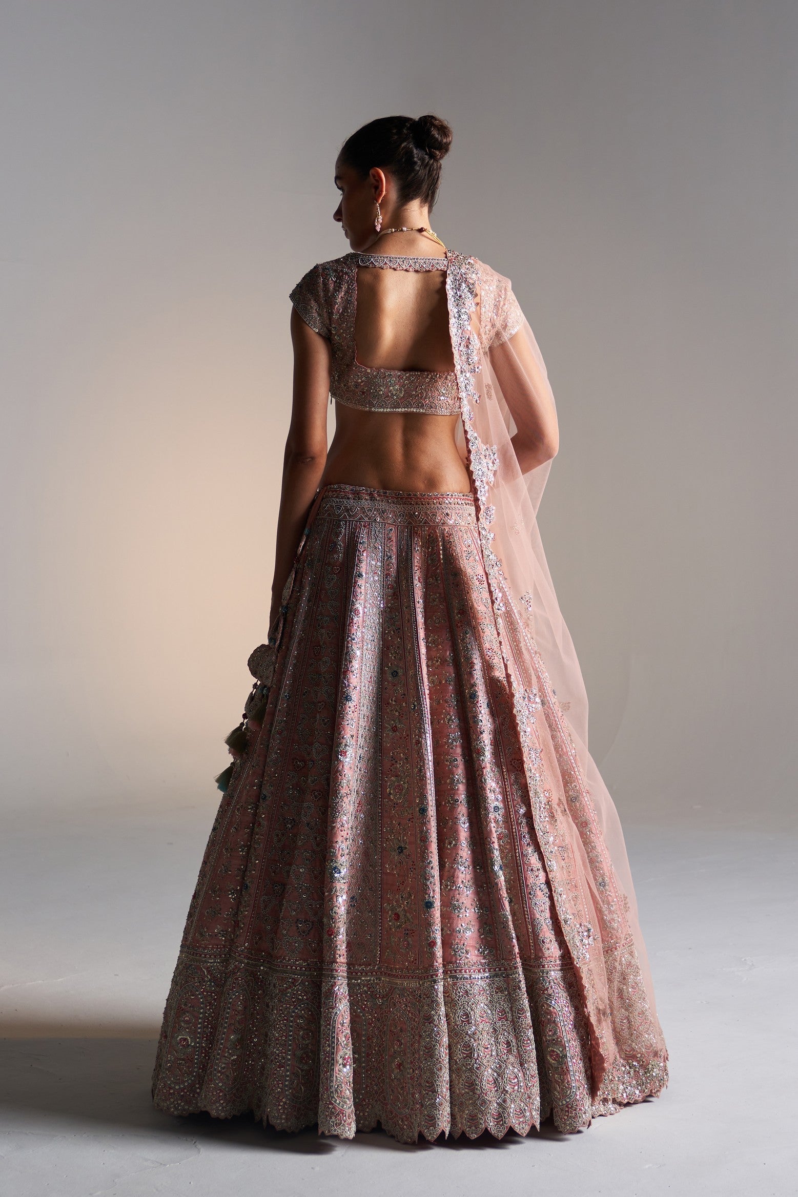 Coral rose 
raw silk lehenga set