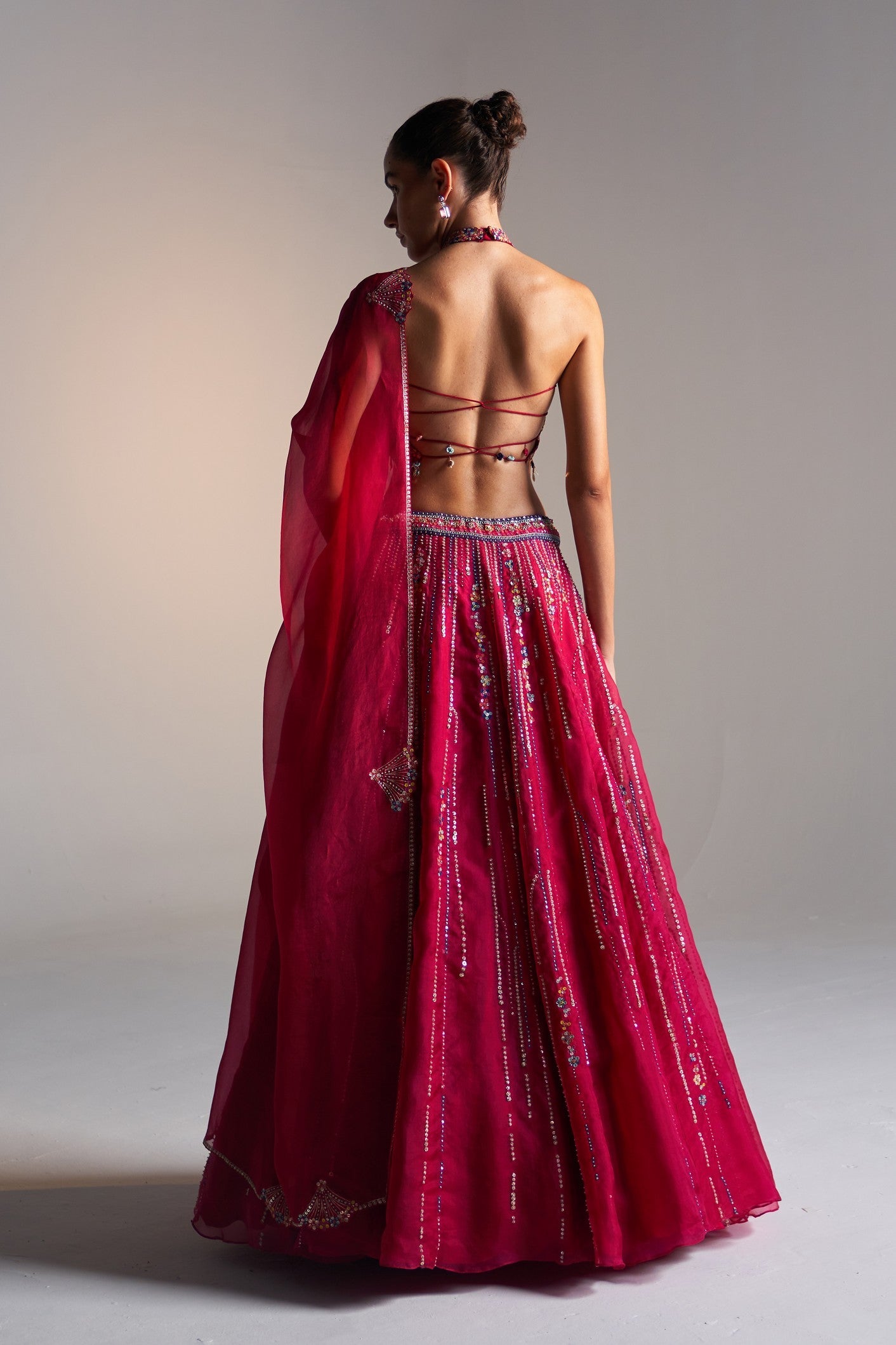 Cut Ruby Embroidered Halter Lehenga Set