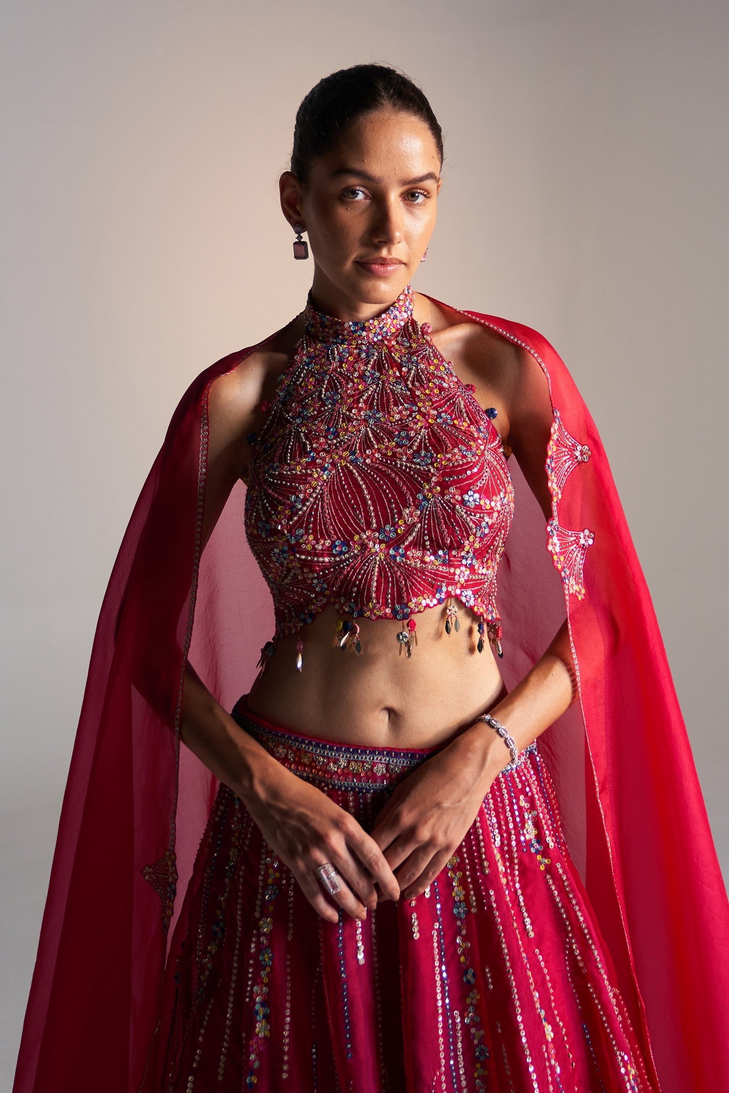 Cut Ruby Embroidered Halter Lehenga Set