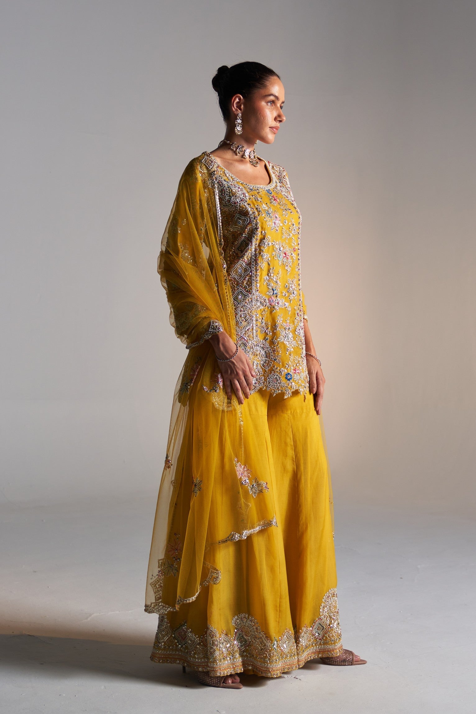 Honey Gold Embroidered Sharara Set