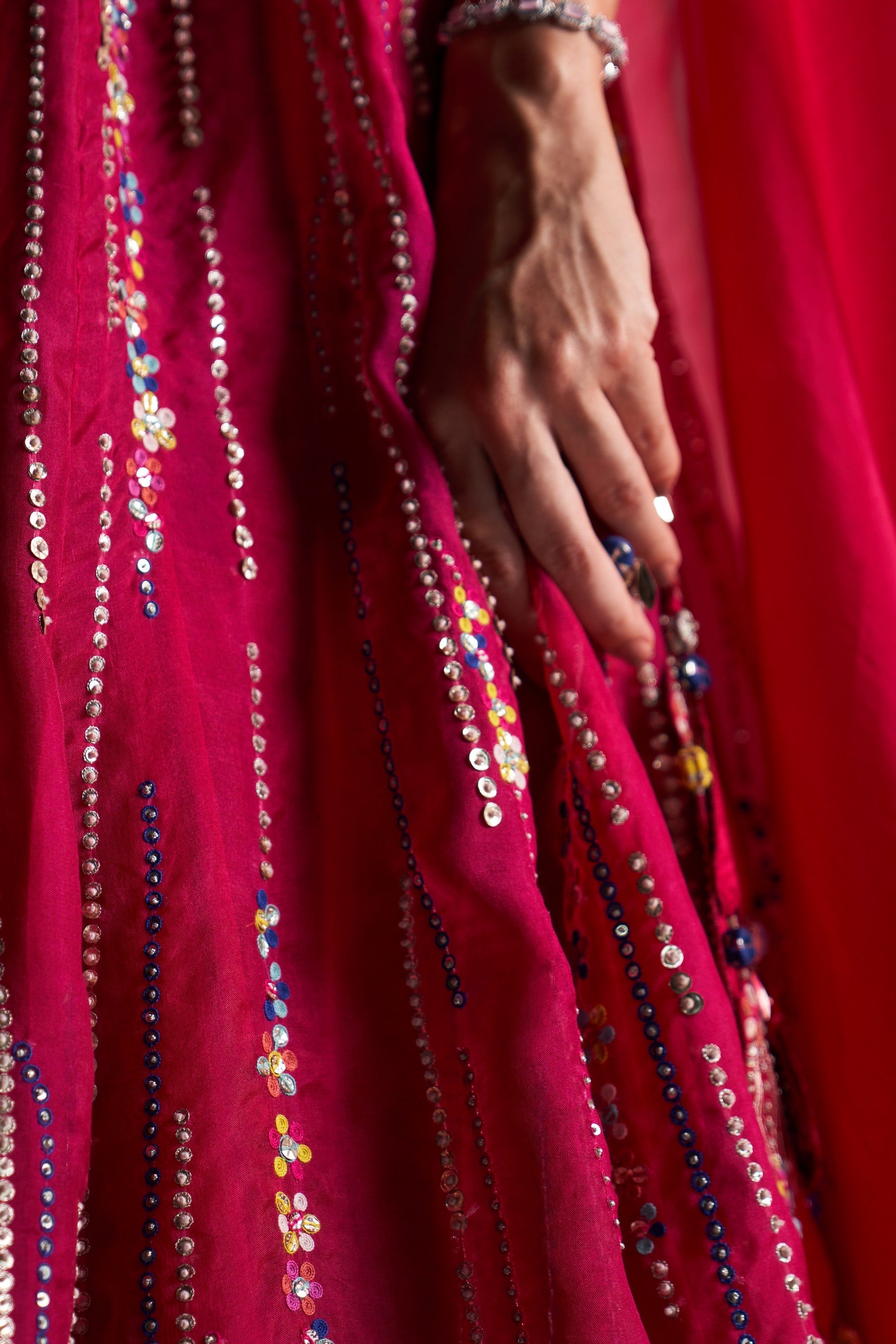 Cut Ruby Embroidered Halter Lehenga Set