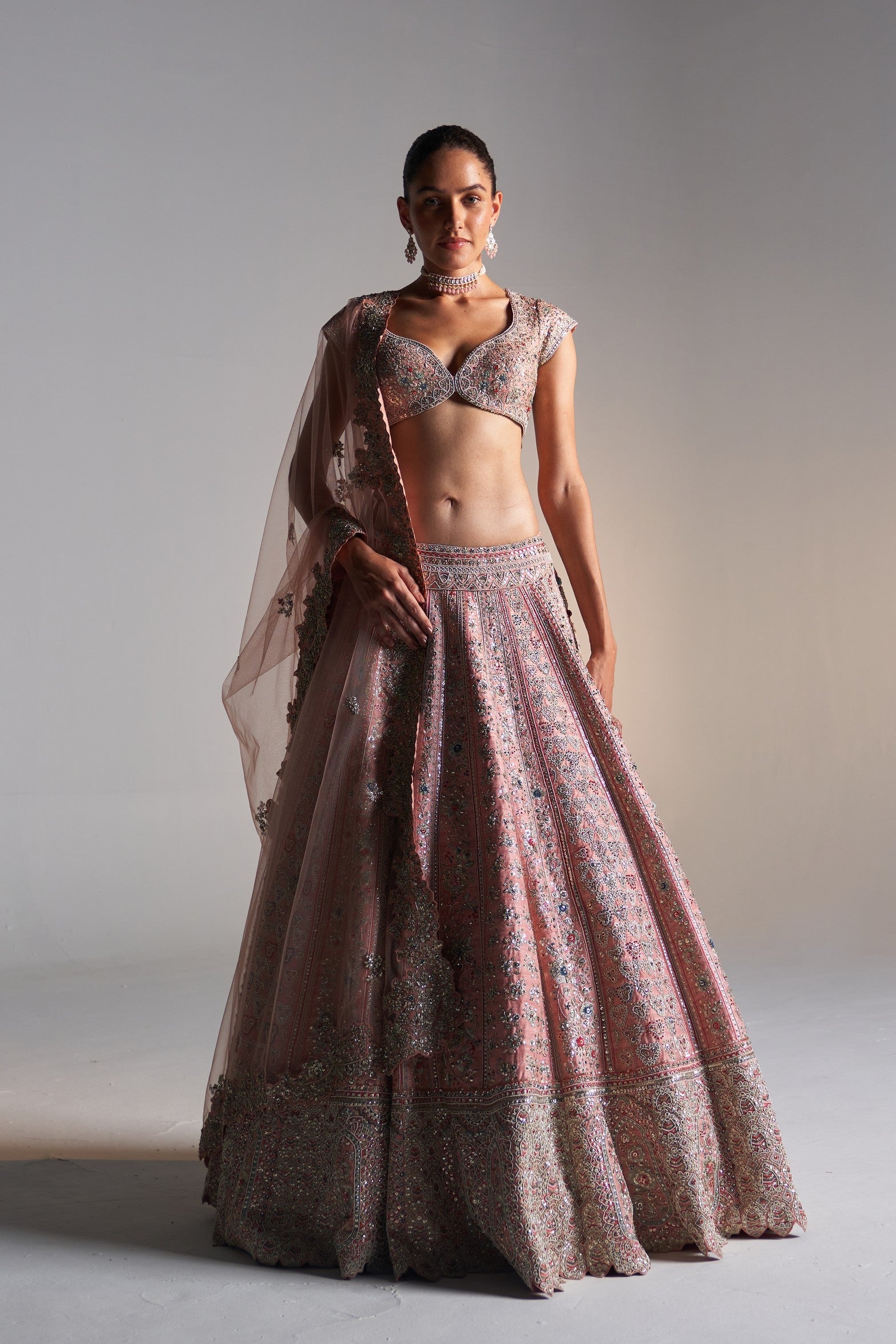 Coral rose 
raw silk lehenga set