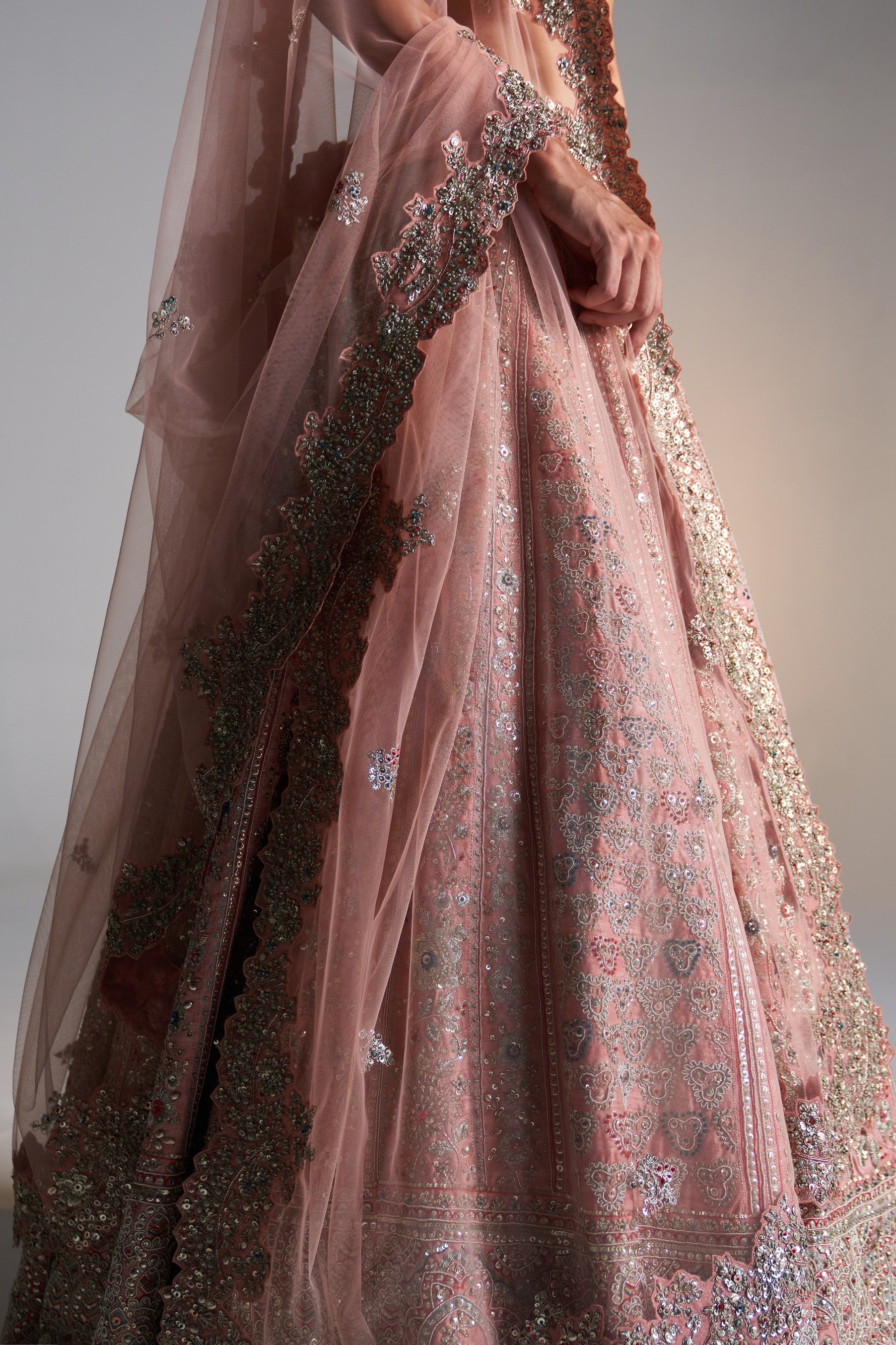 Coral rose 
raw silk lehenga set