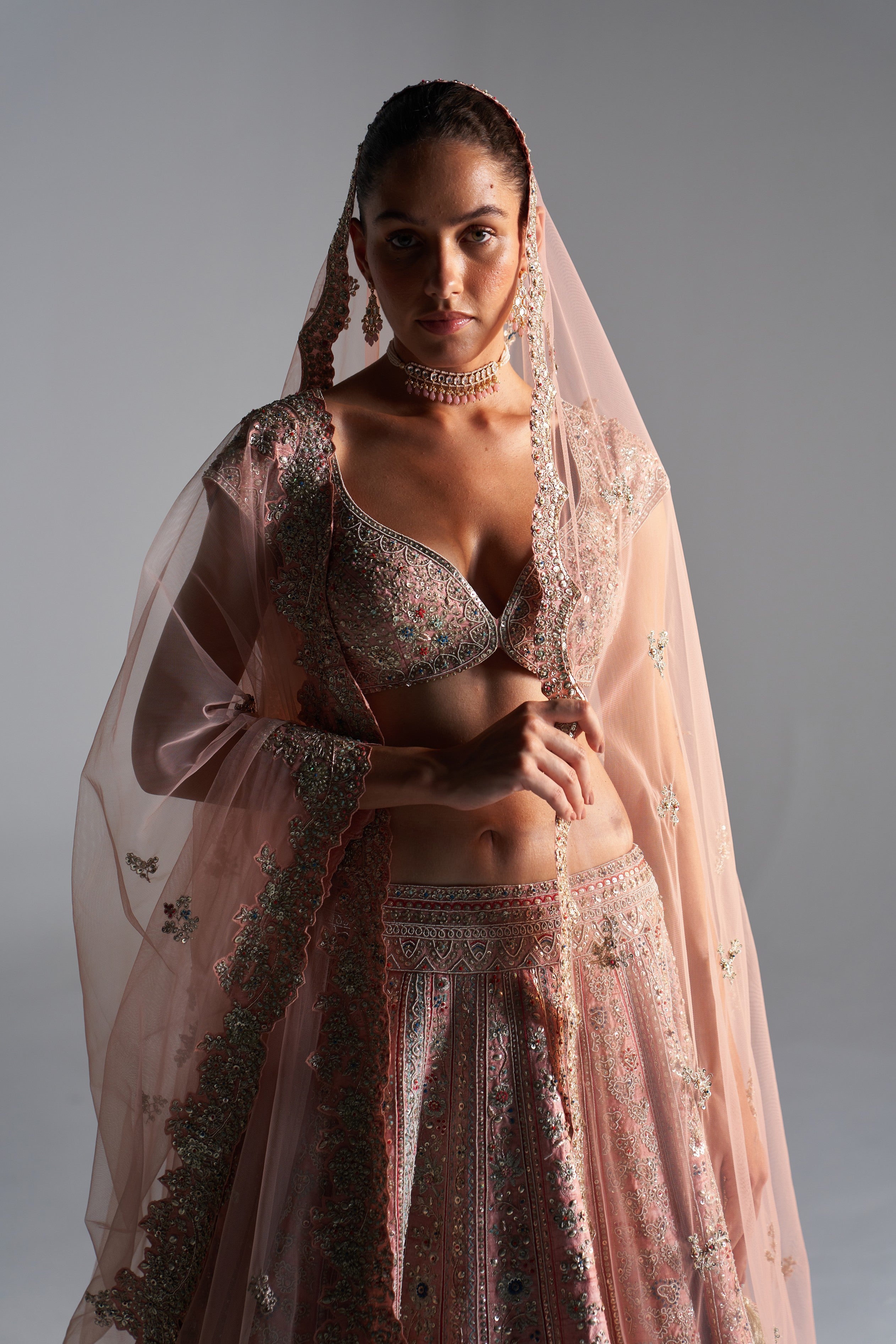 Coral rose 
raw silk lehenga set