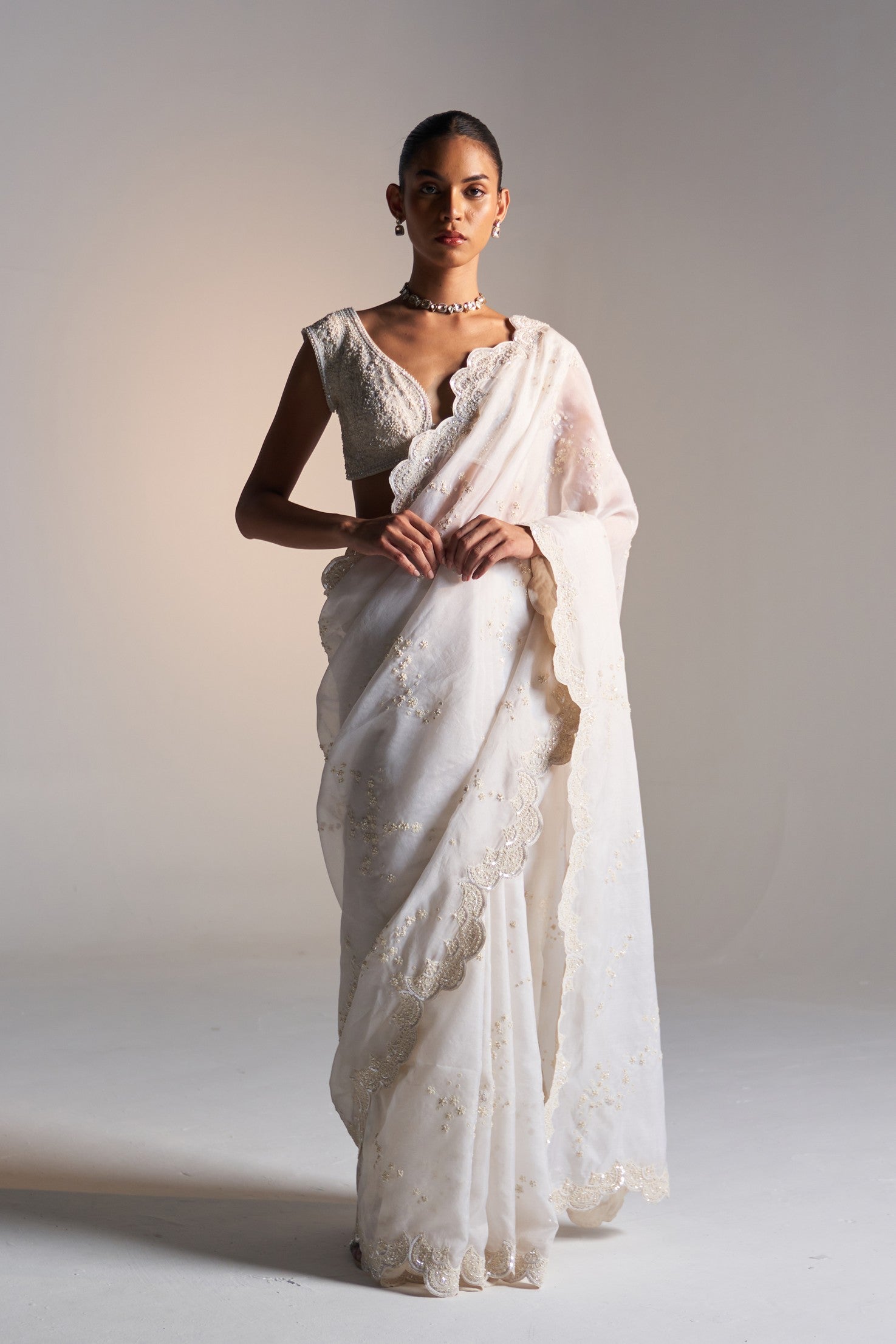 Pigeon white handcrafted saree