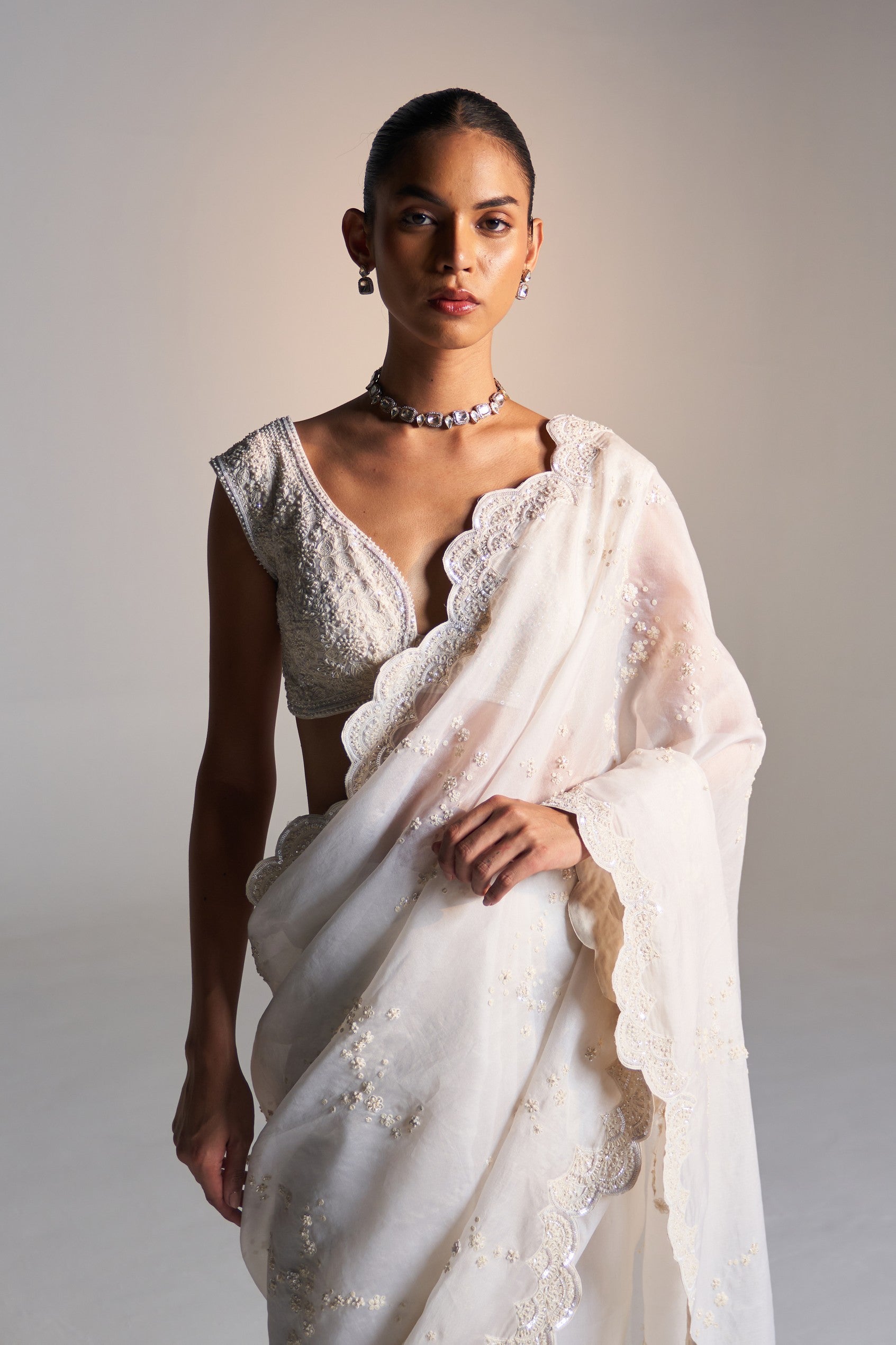 Pigeon white handcrafted saree