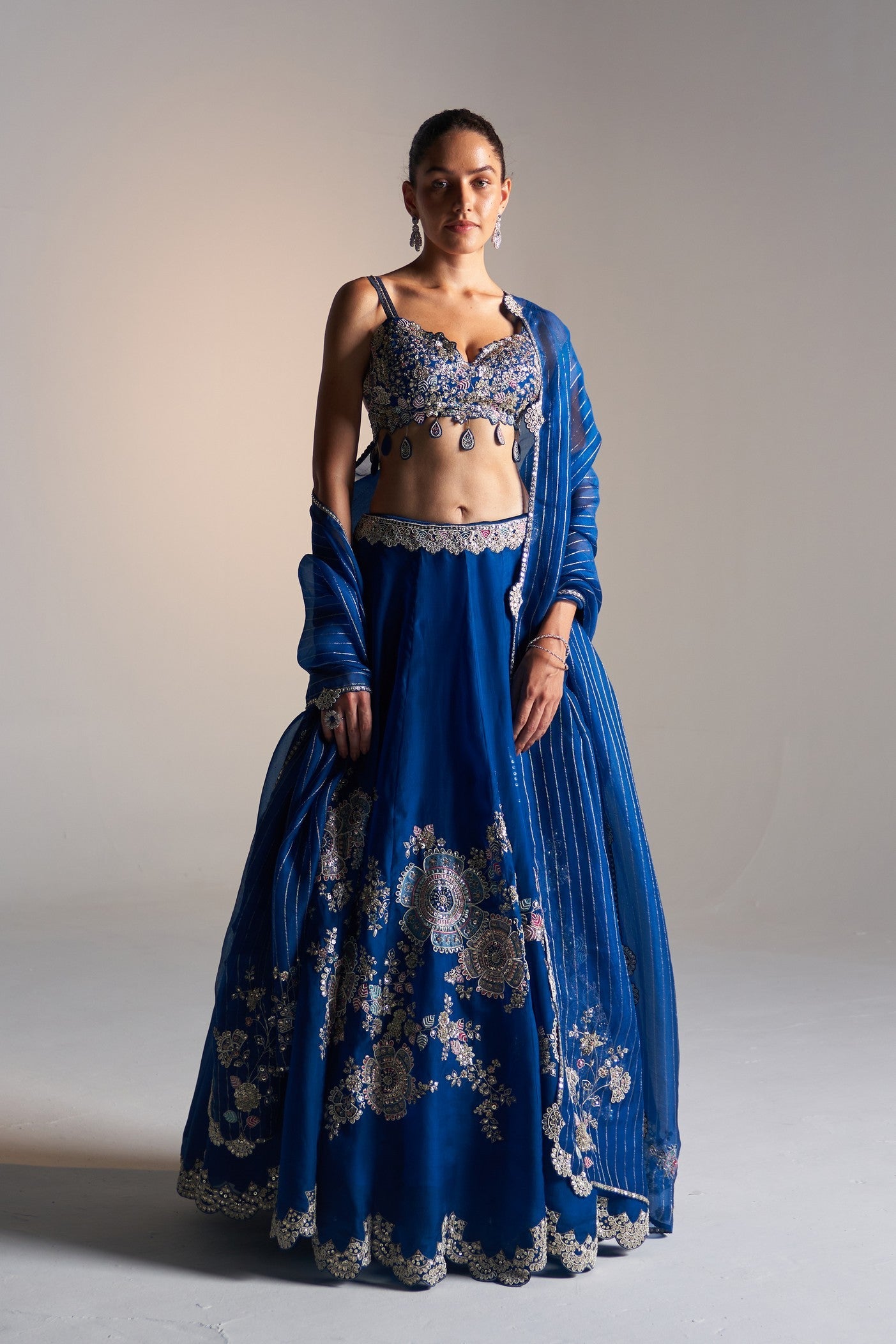 Jade blue organza lehenga set