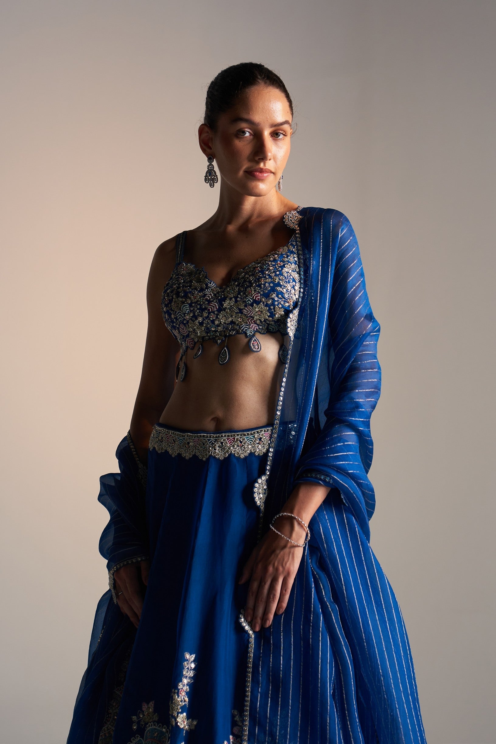 Jade blue organza lehenga set