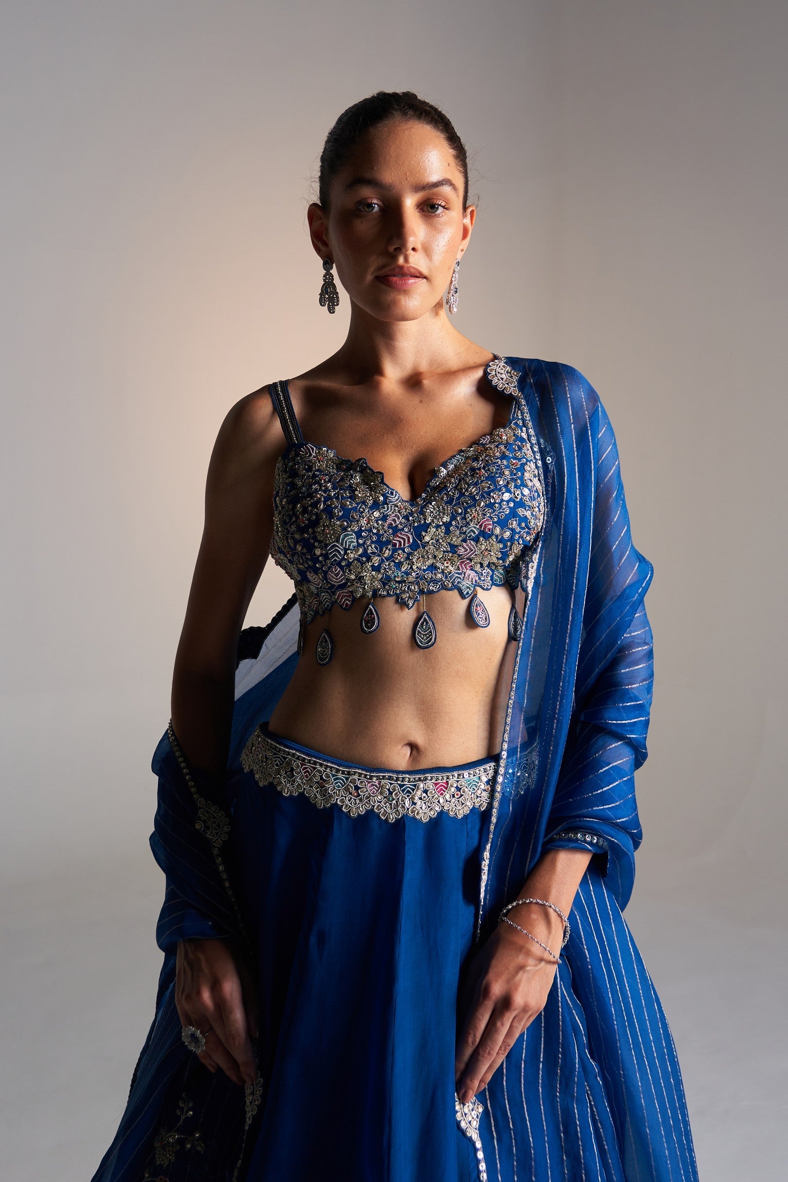 Jade blue organza lehenga set