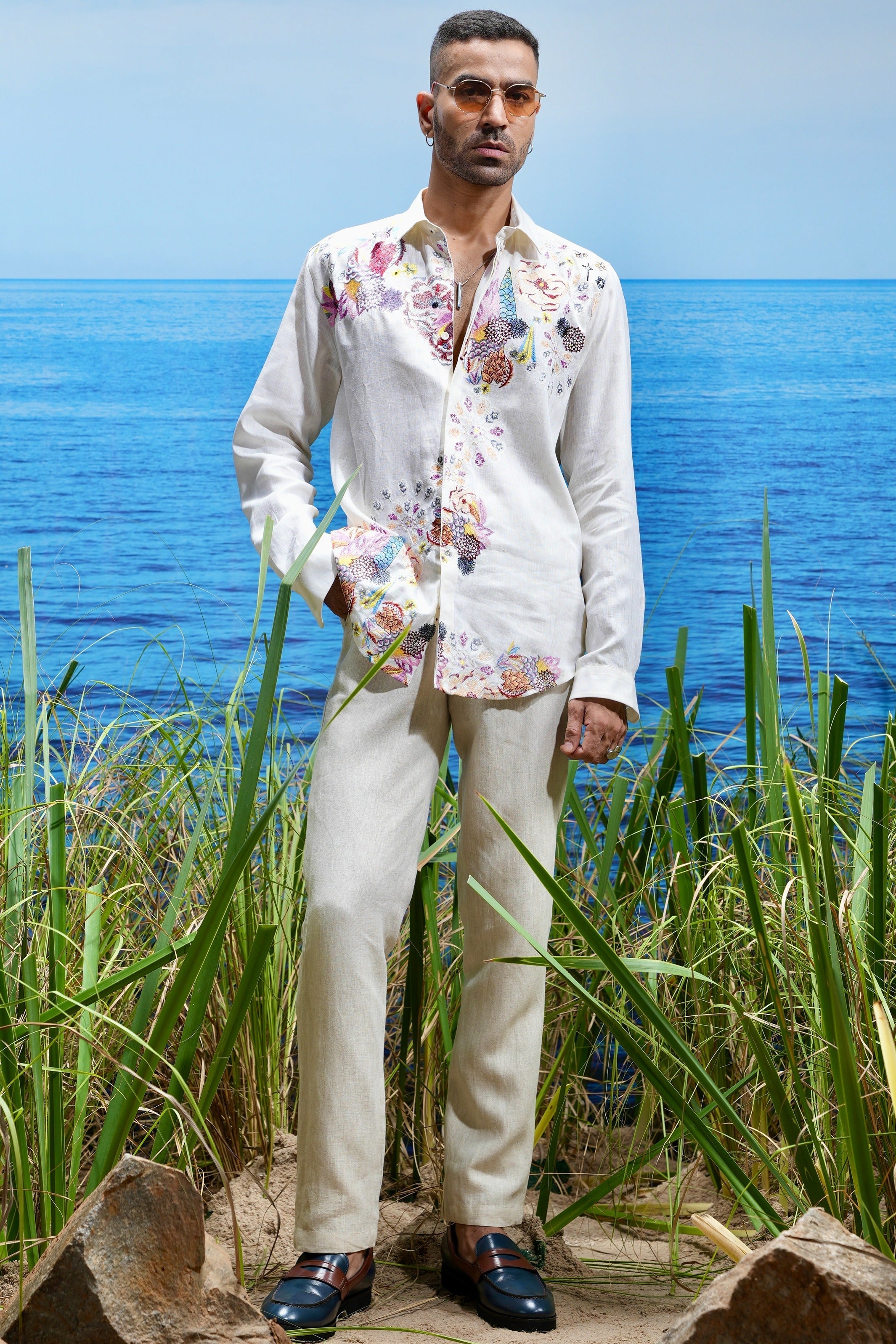 Floral Odyssey Embroidered Linen Shirt