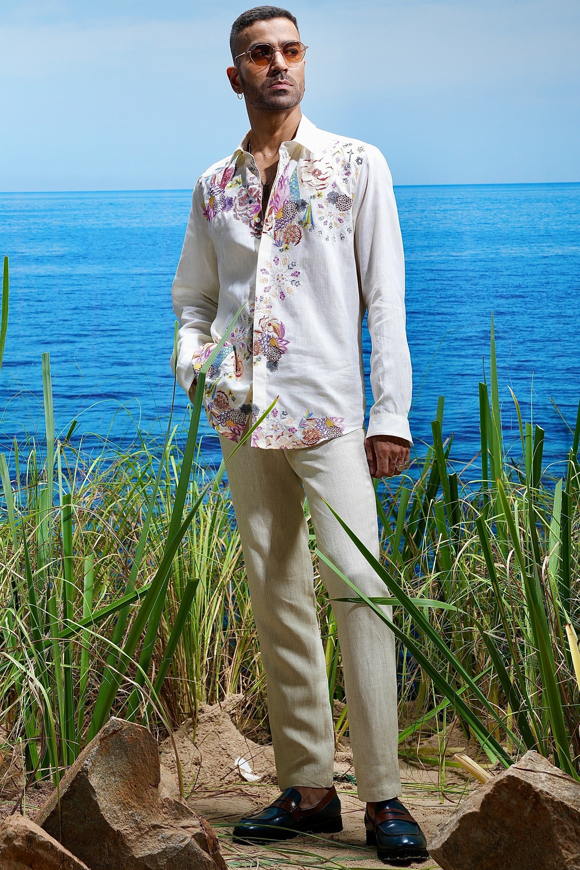 Floral Odyssey Embroidered Linen Shirt