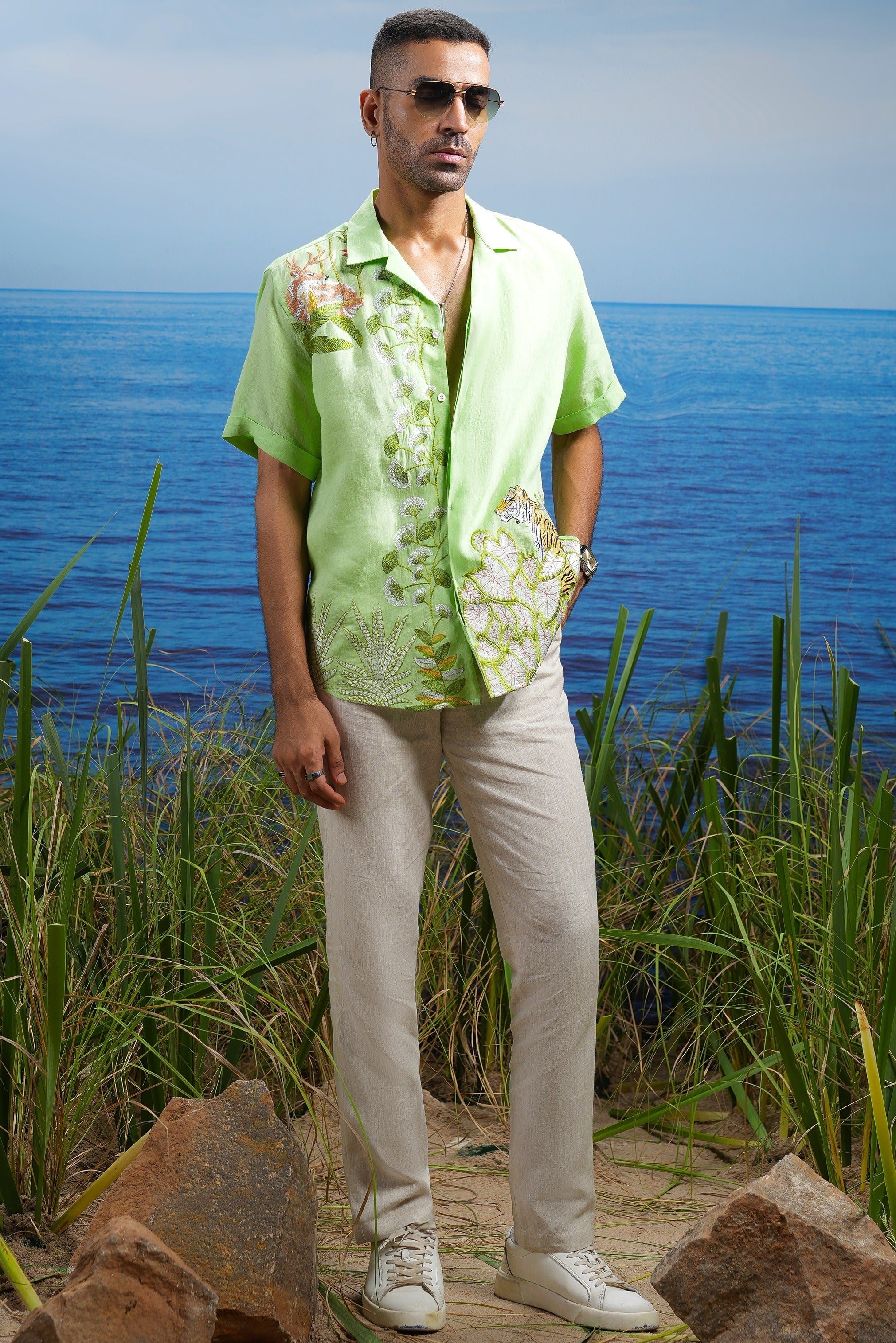 Tropical Oasis Cuban Embroidered Linen Shirt