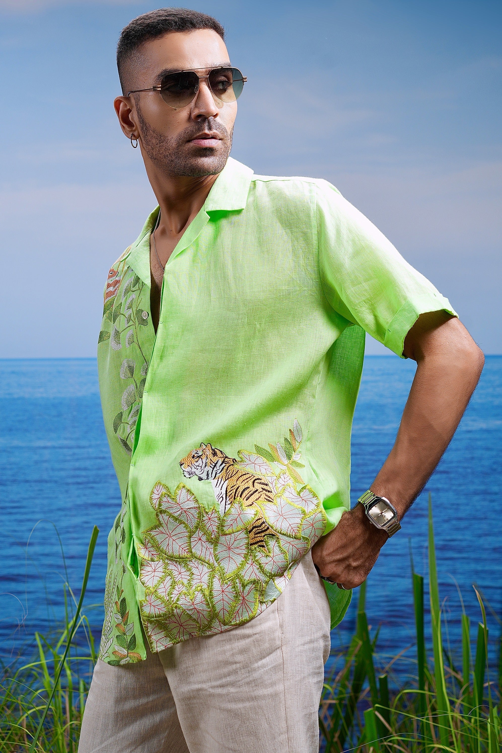 Tropical Oasis Cuban Embroidered Linen Shirt