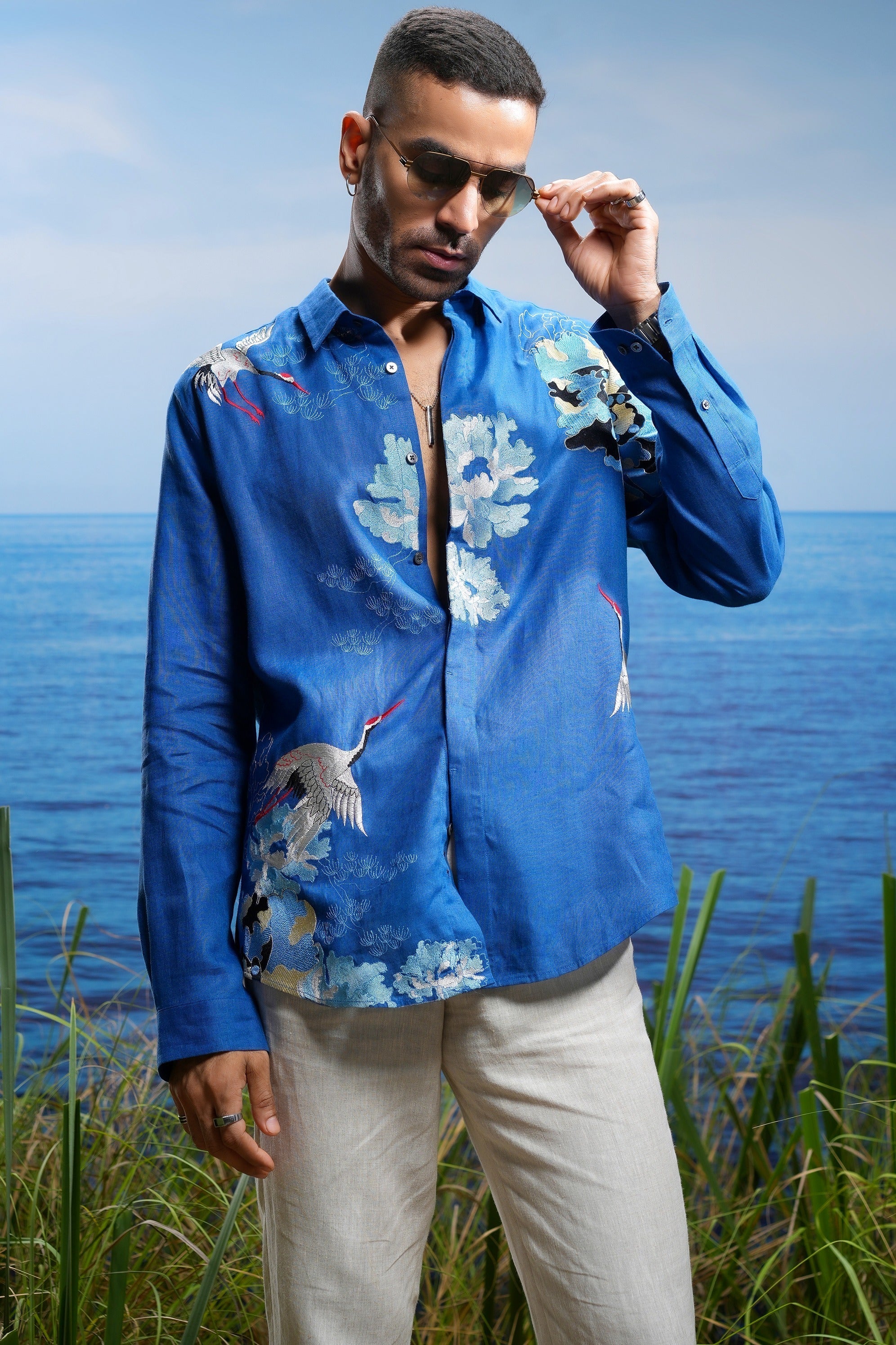 Blue Crane Tapestry Embroidered  Linen Shirt