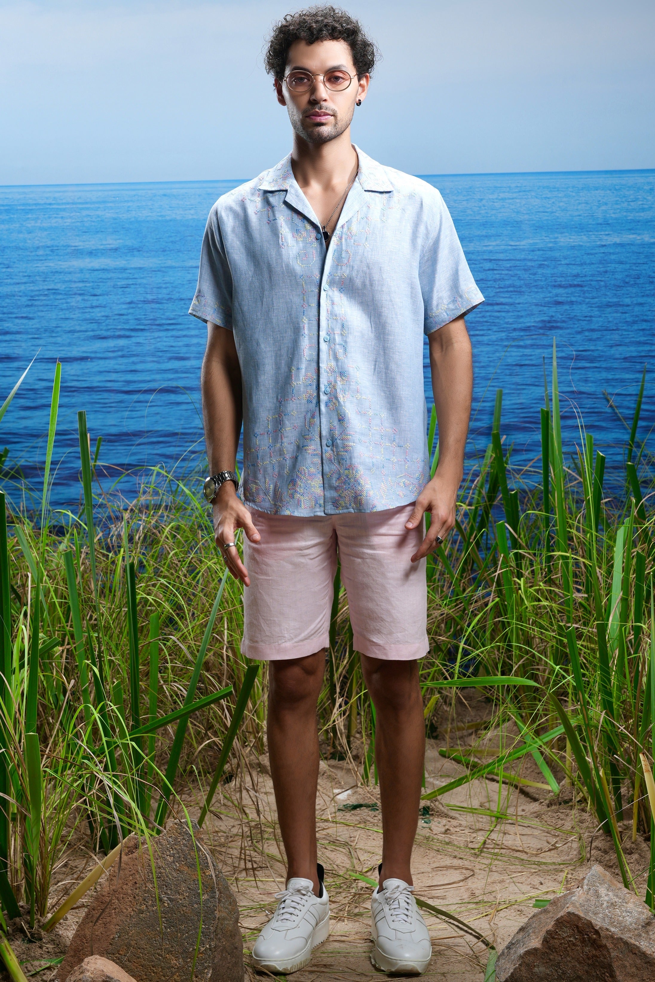 Oceanic Calm Cuban Embroidered Linen Shirt.