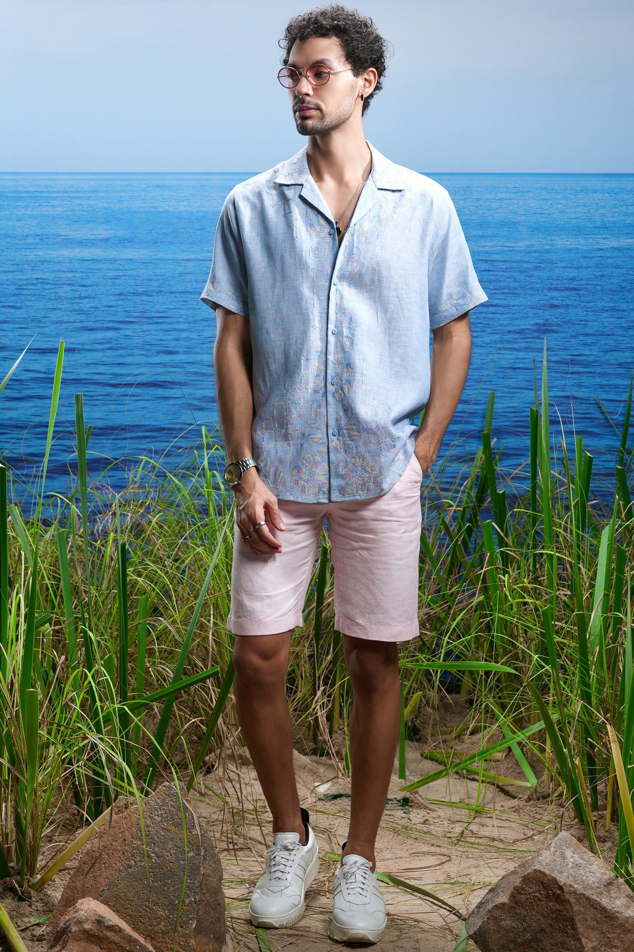 Oceanic Calm Cuban Embroidered Linen Shirt.