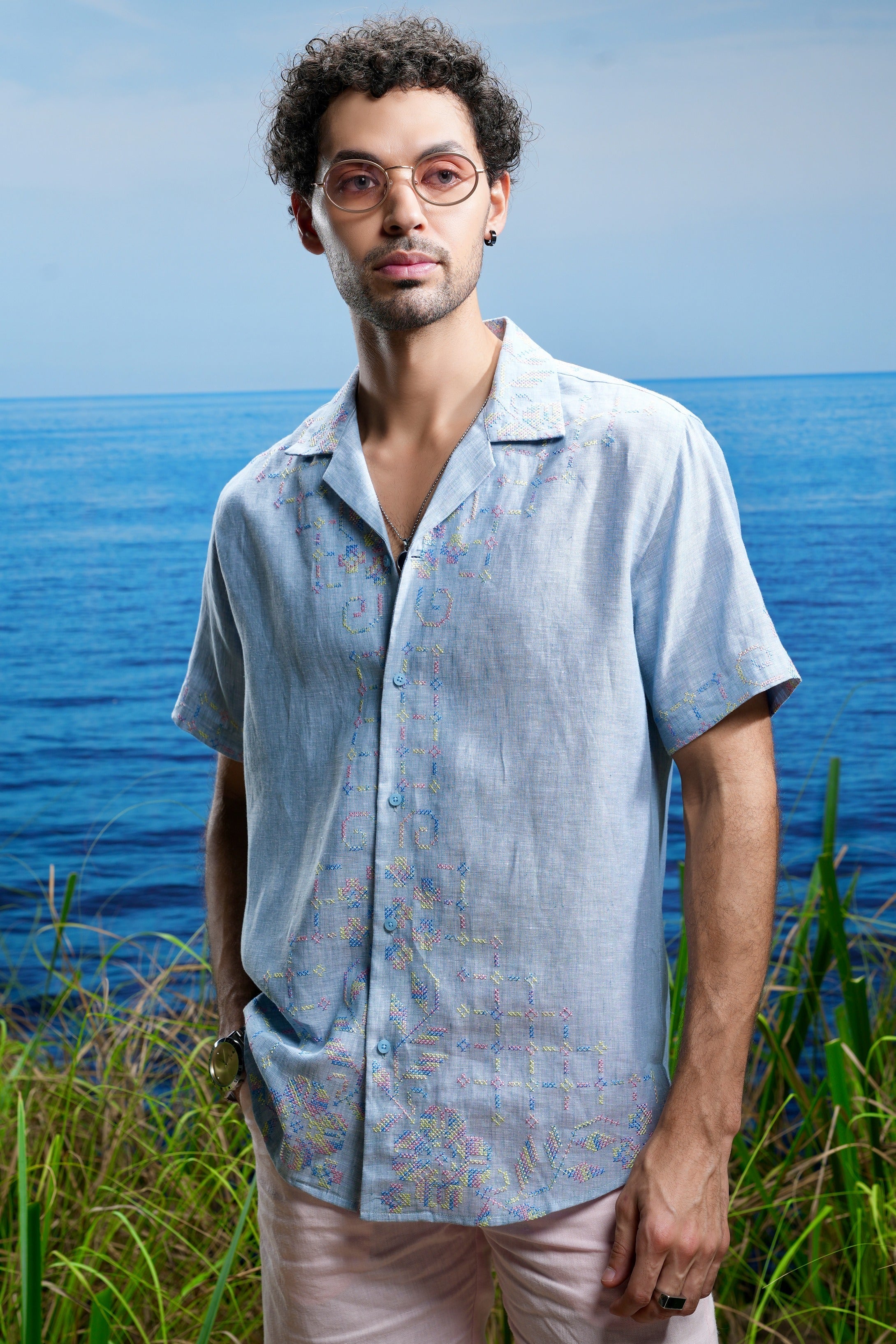 Oceanic Calm Cuban Embroidered Linen Shirt.