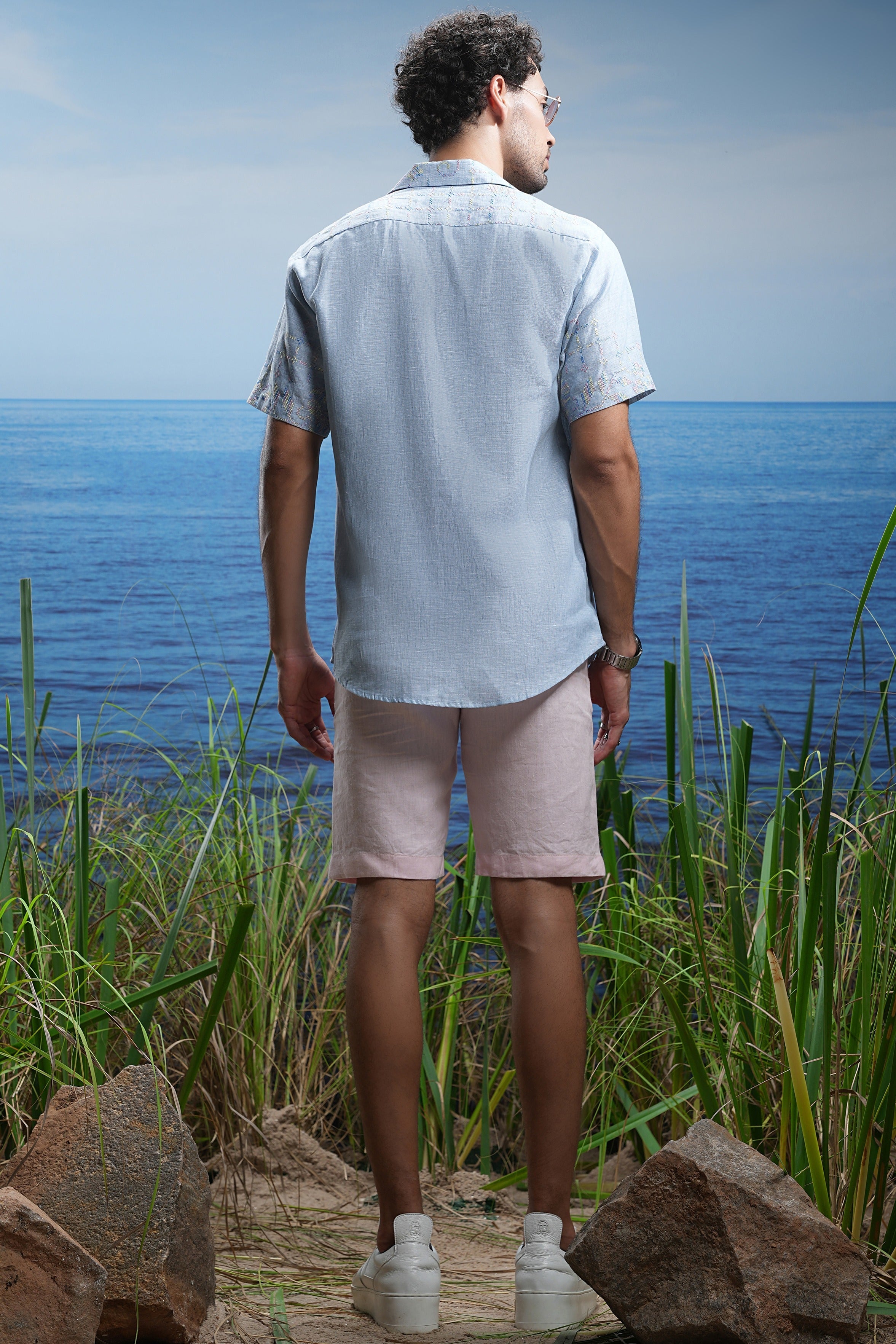 Oceanic Calm Cuban Embroidered Linen Shirt.