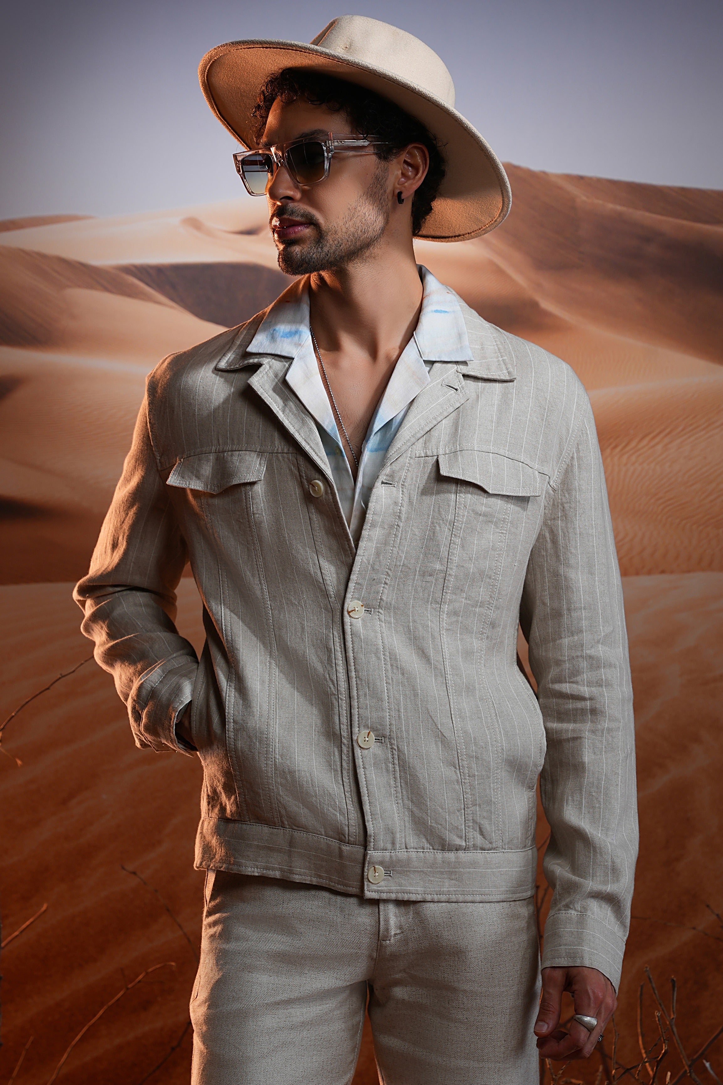 Natural Chalk Stripe Linen Cuban Collar Jacket