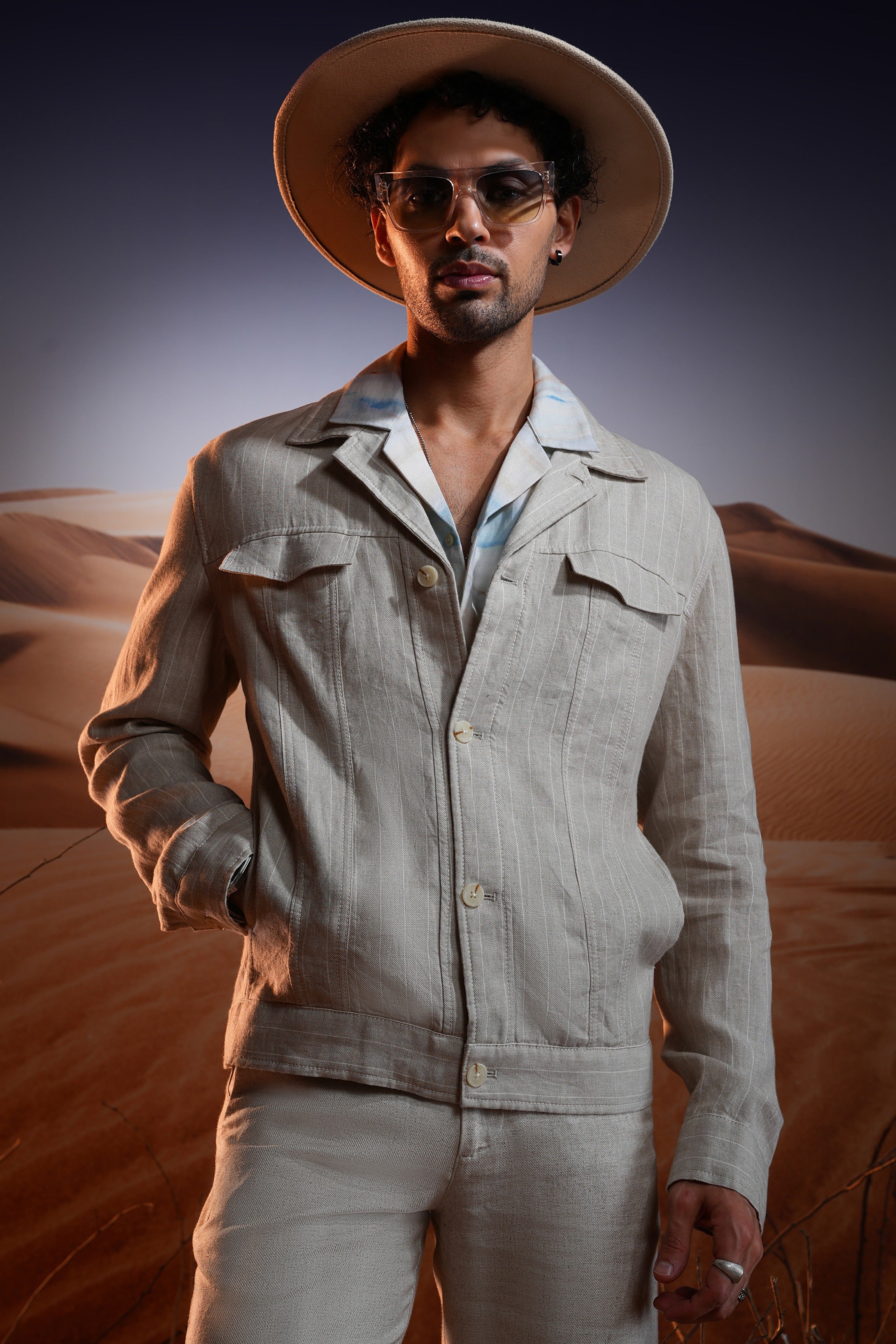 Natural Chalk Stripe Linen Cuban Collar Jacket