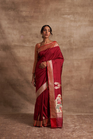 'Mehrab Gulab' Laal Kadhua Benarasi Handloom Sari