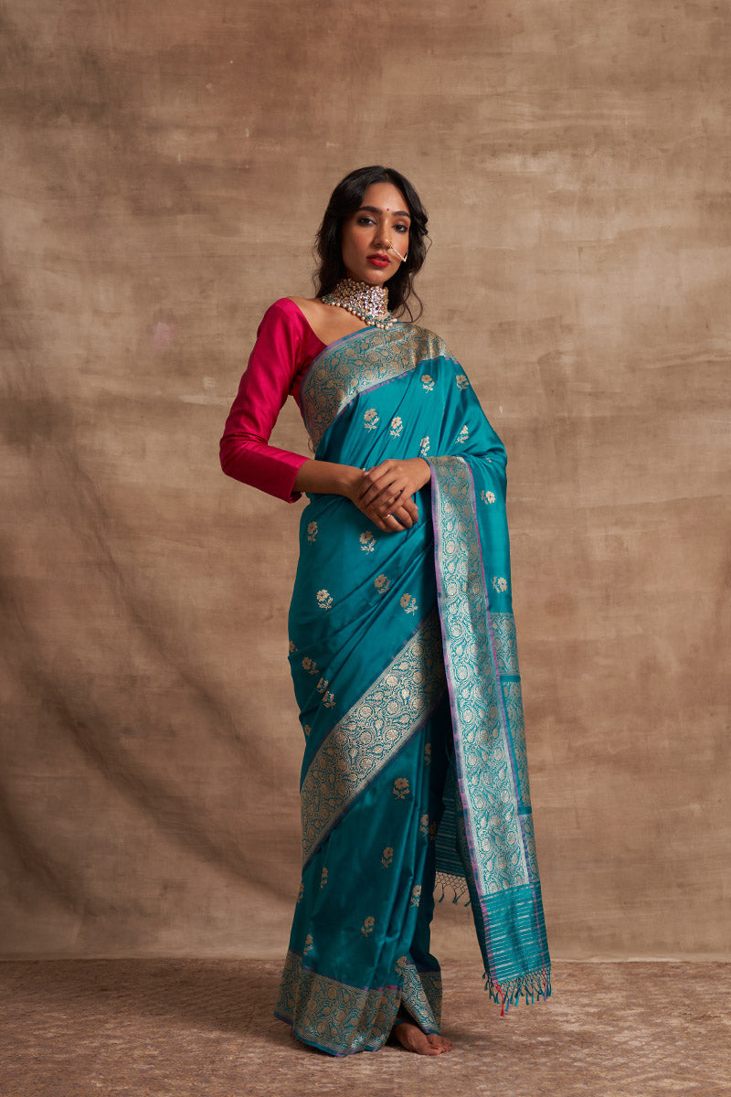 'Phool Chatai' Firozi Ektara Benarasi Handloom Sari