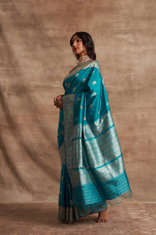 'Phool Chatai' Firozi Ektara Benarasi Handloom Sari