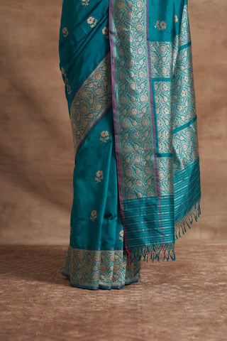 'Phool Chatai' Firozi Ektara Benarasi Handloom Sari