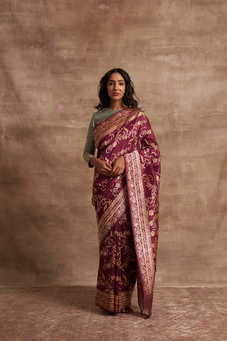 'Jaal Manjari' Wine Kadhua Benarasi Handloom Sari