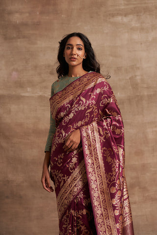 'Jaal Manjari' Wine Kadhua Benarasi Handloom Sari