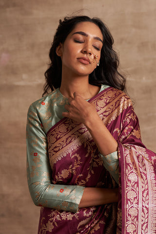 'Jaal Manjari' Wine Kadhua Benarasi Handloom Sari