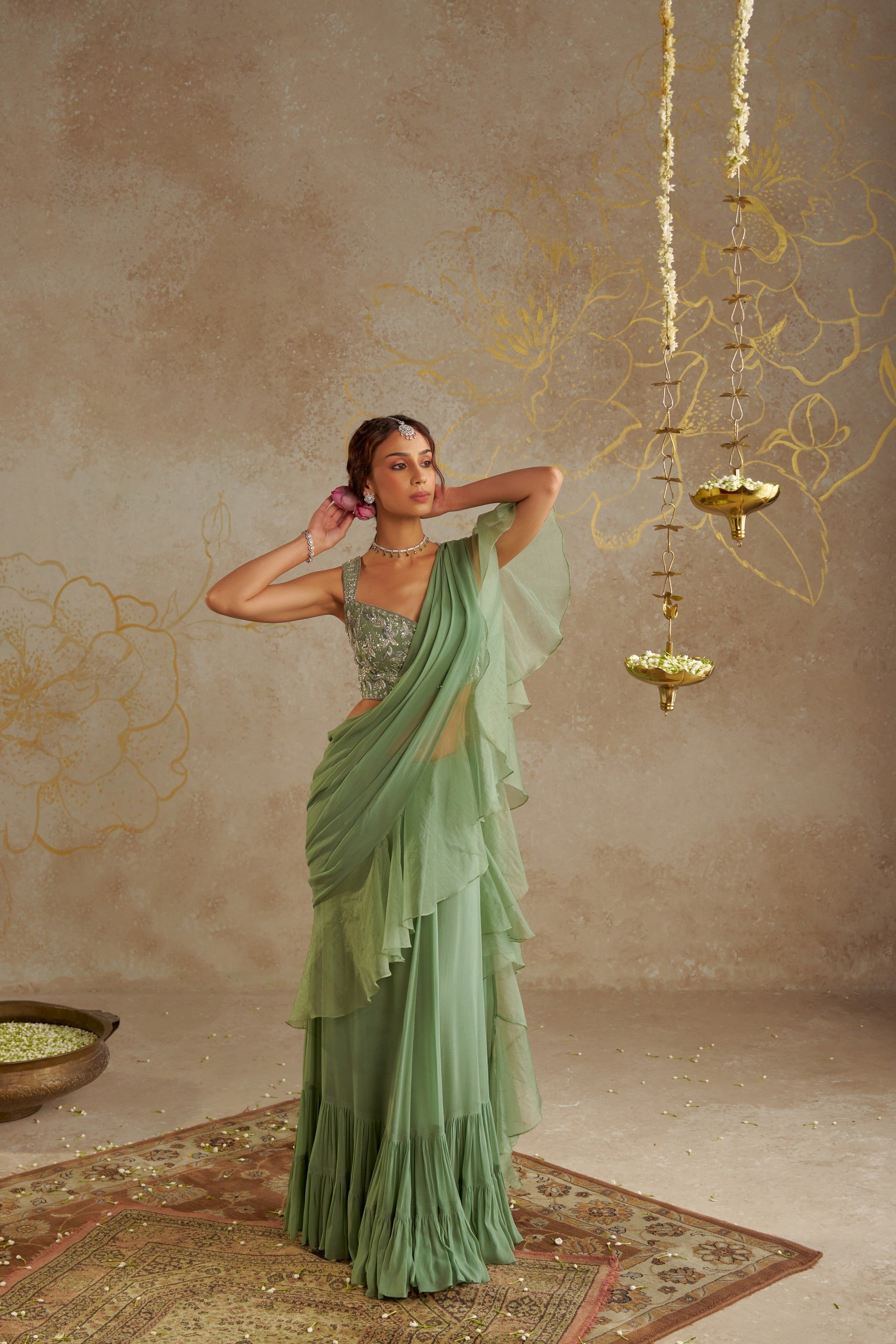 Jade  Pre- Draped Frill Saree