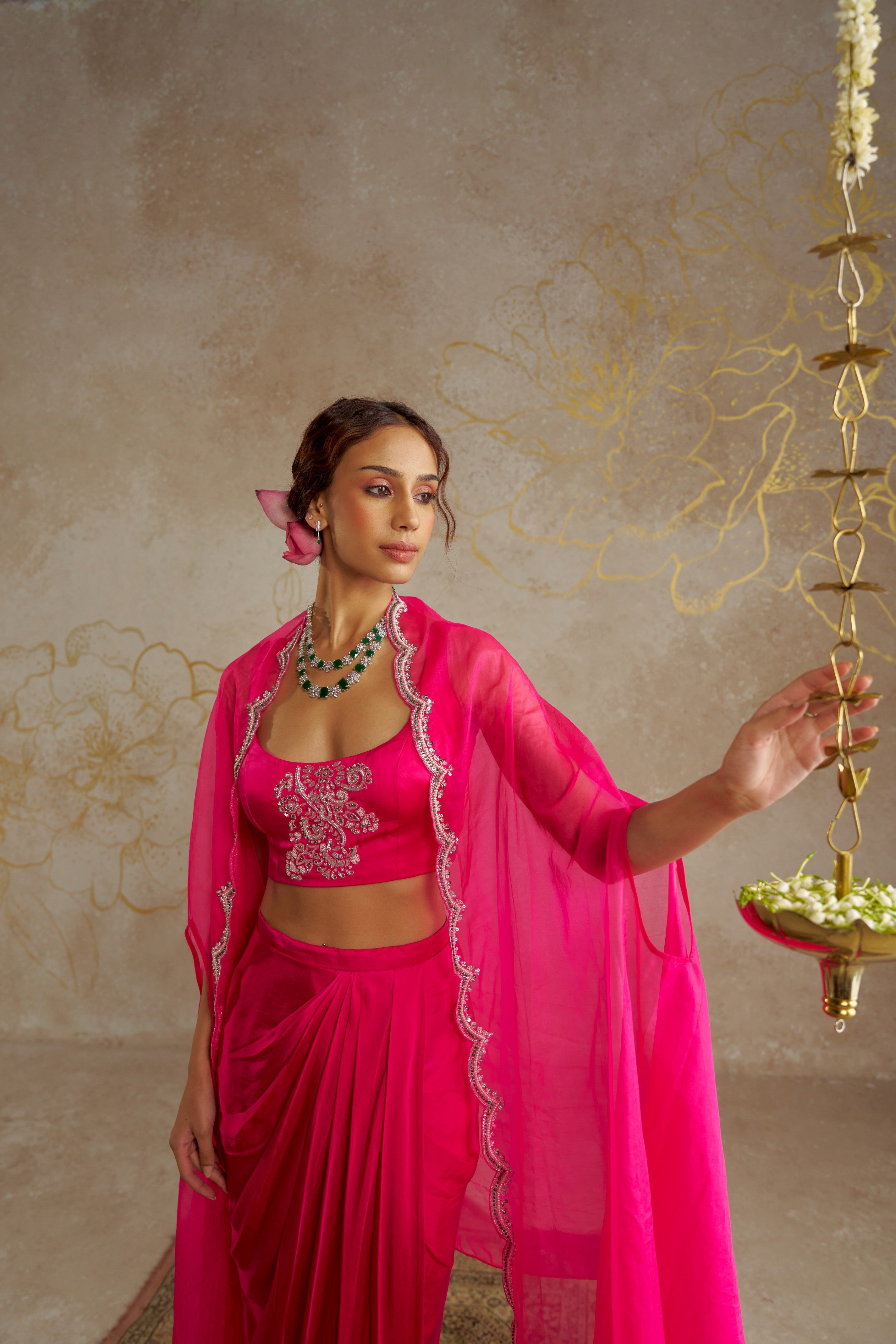 Hot Pink Draped Skirt with Bustier and Cape