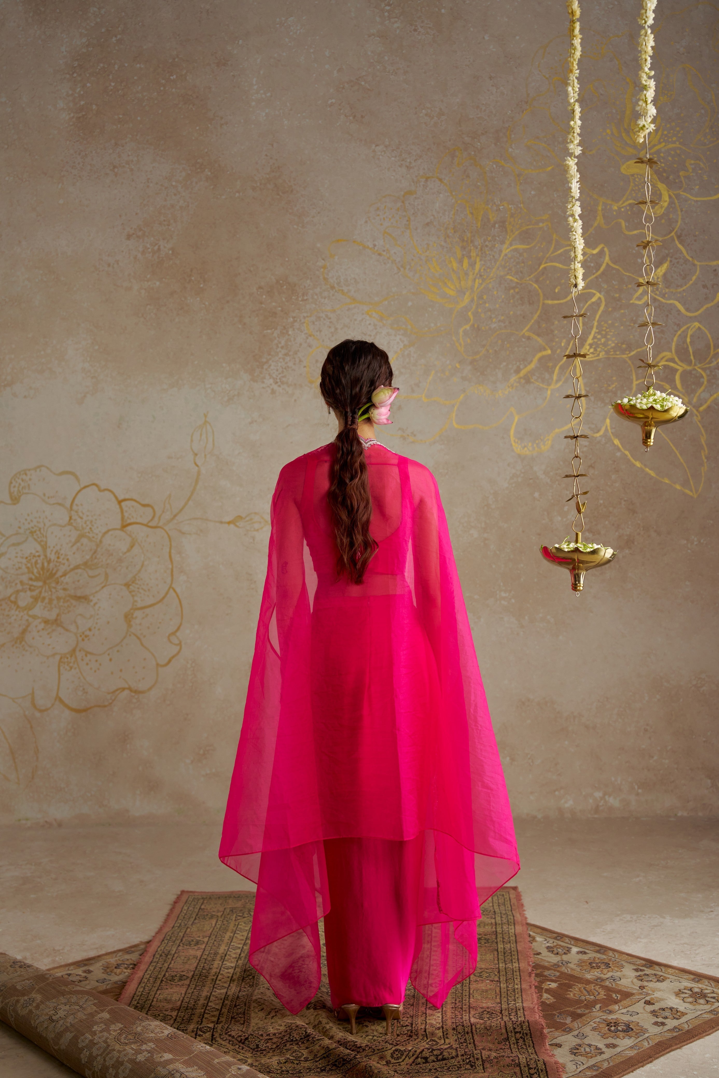 Hot Pink Draped Skirt with Bustier and Cape