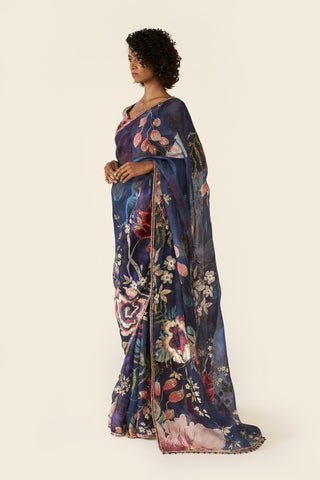 Blue Printed Classic Saree Set