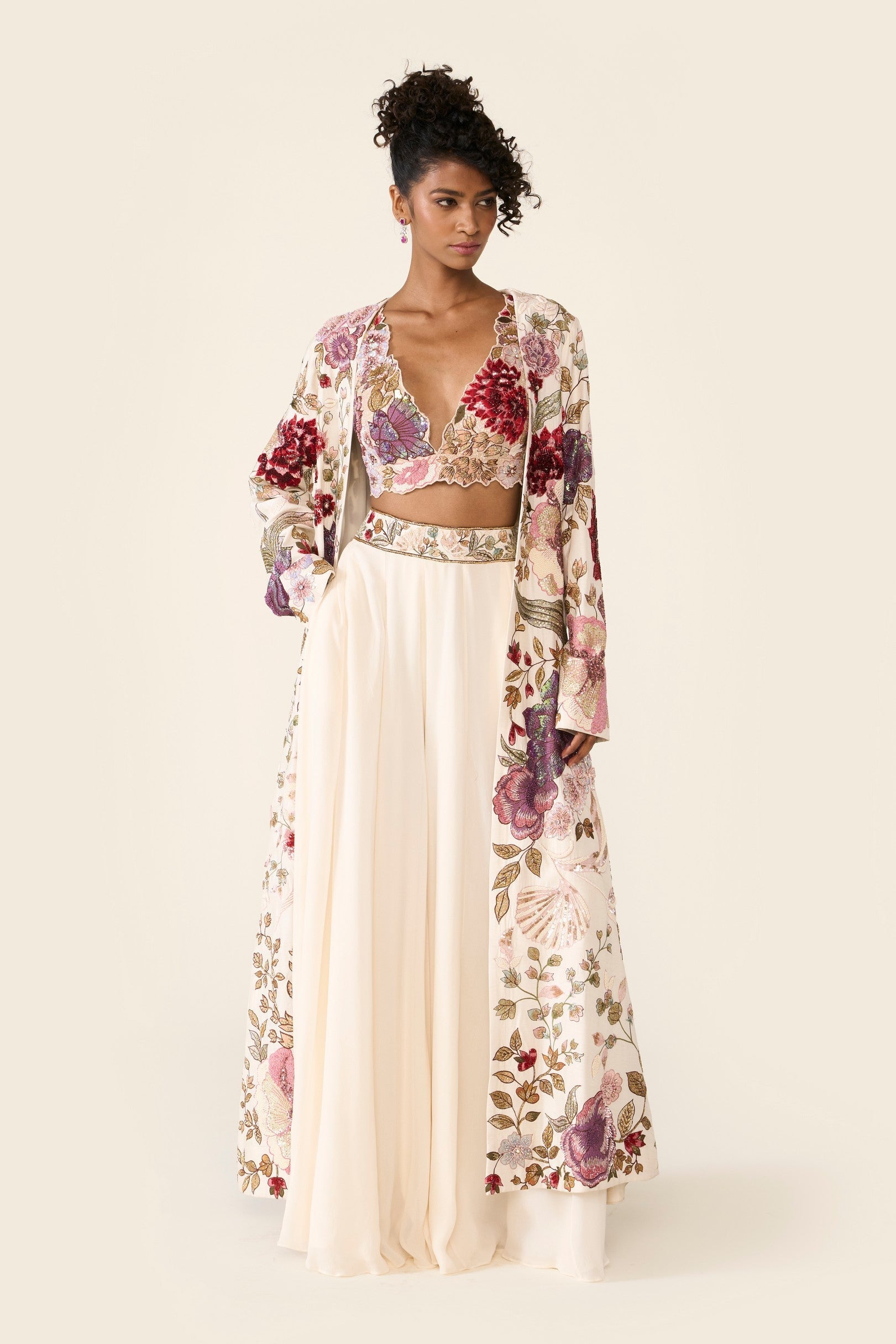 Ivory Embroidered Long Jacket Set